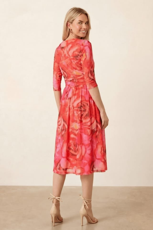 Style Cheat Style Cheat Women's Printed Long sleeve Pink Mesh Wrap Midi Dress - 3