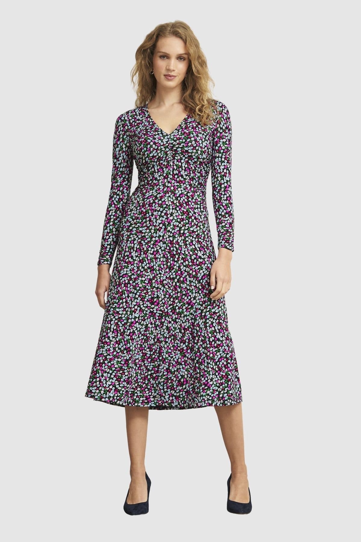 Hobbs London Hobbs London Women's Flo Long Sleeve V-Neck Jersey Dress in Fuchsia