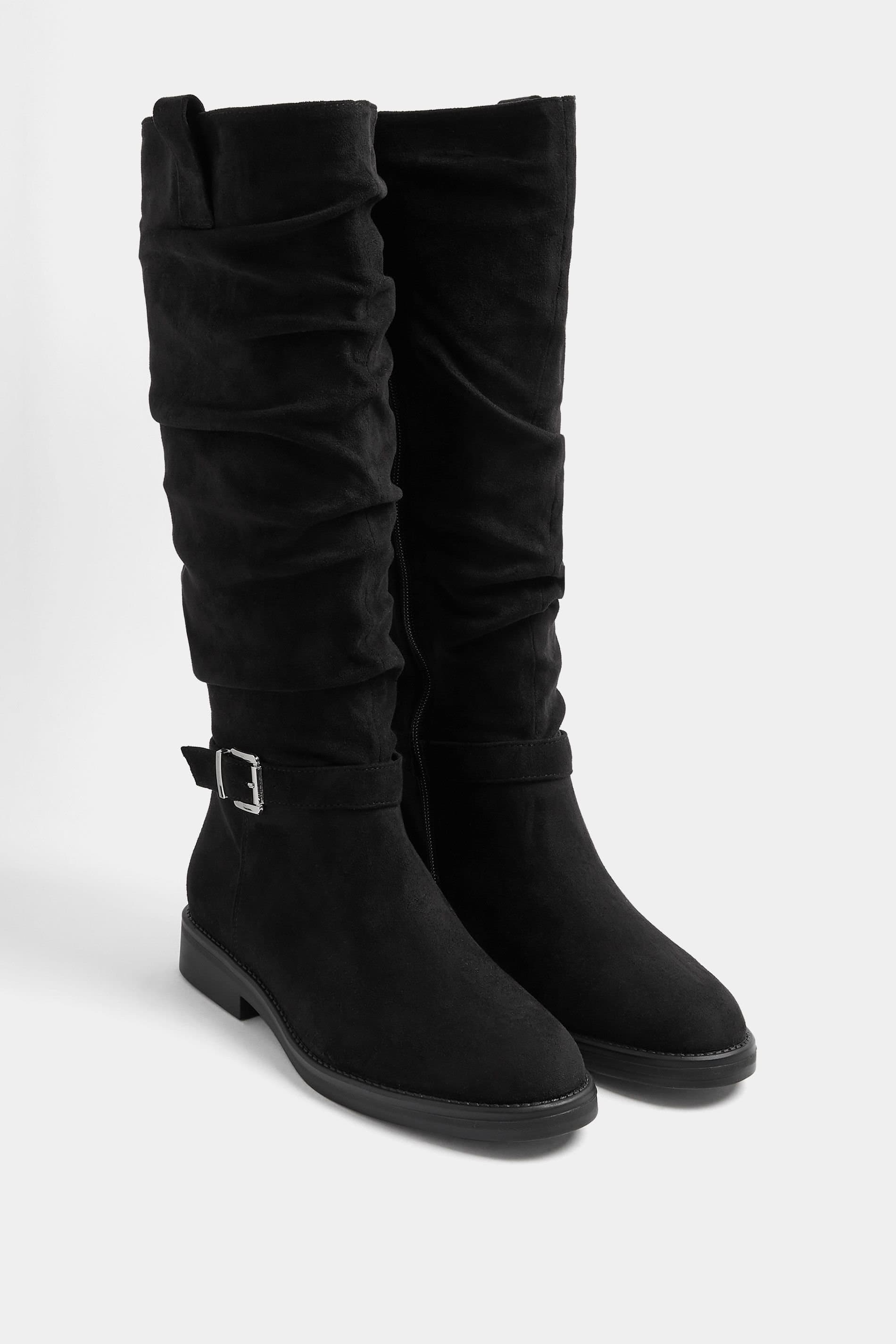 Yours Yours Women's Faux Suede Buckle Detail Knee High Boots In Extra Wide E Fit in Black