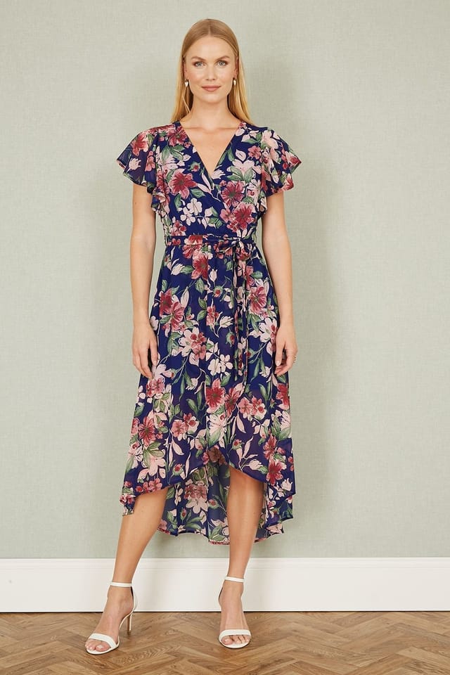 Yumi Yumi Women's Blue Floral Wrap Midi Dress With Frill Hem - 2