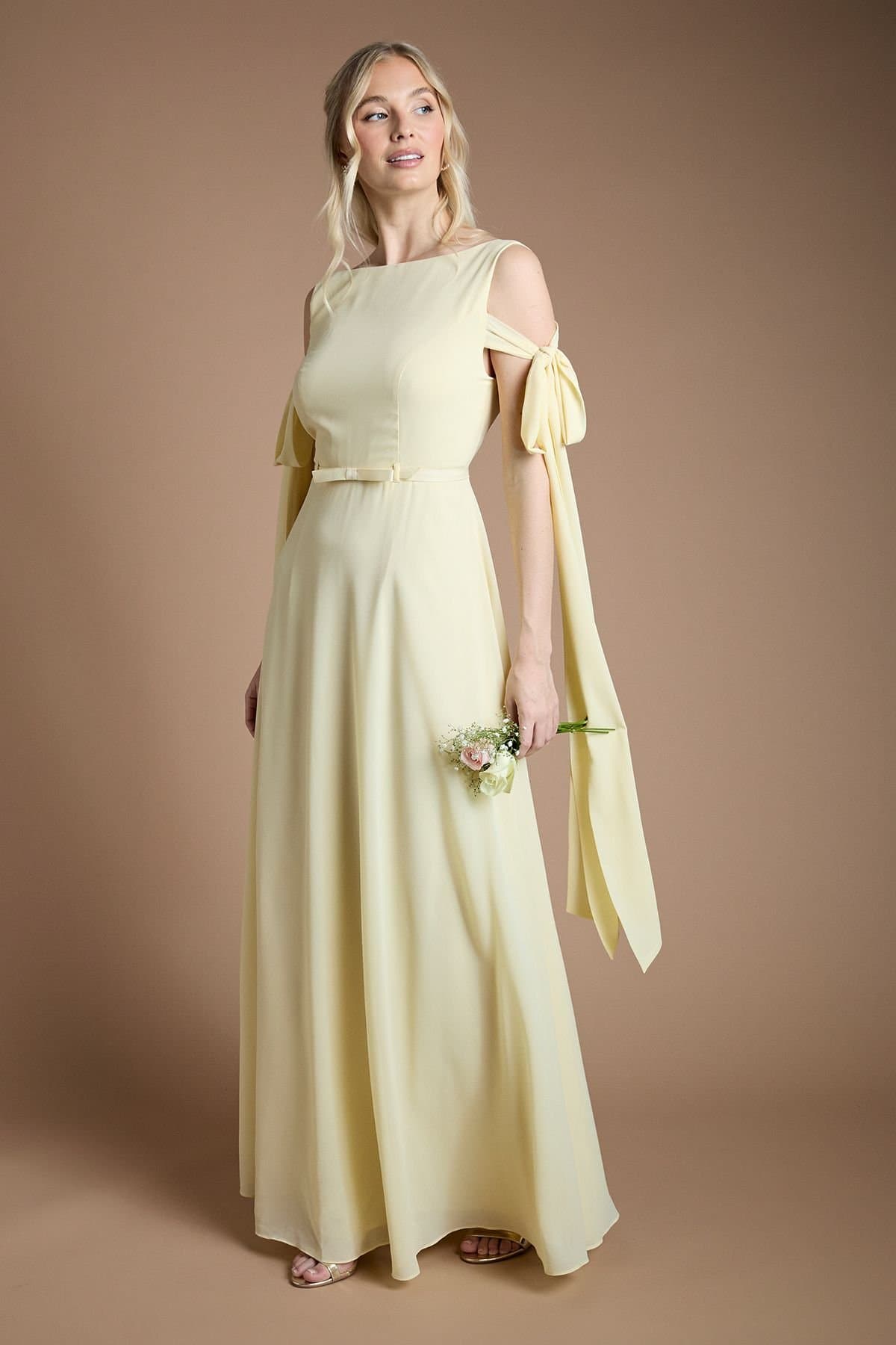 Coast Coast Women's Bow Sleeve Chiffon Bridesmaid Maxi Dress in Lemon