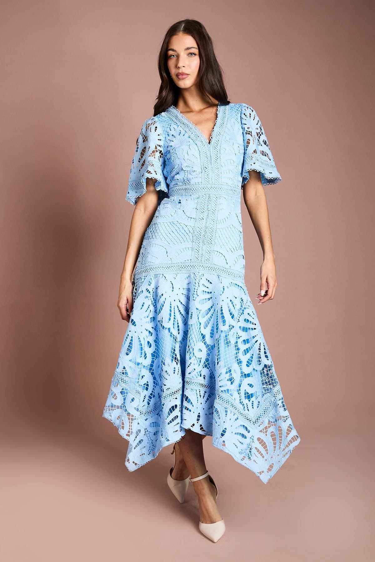 Coast Coast Women's Placement Lace Hanky Hem Dress in Blue