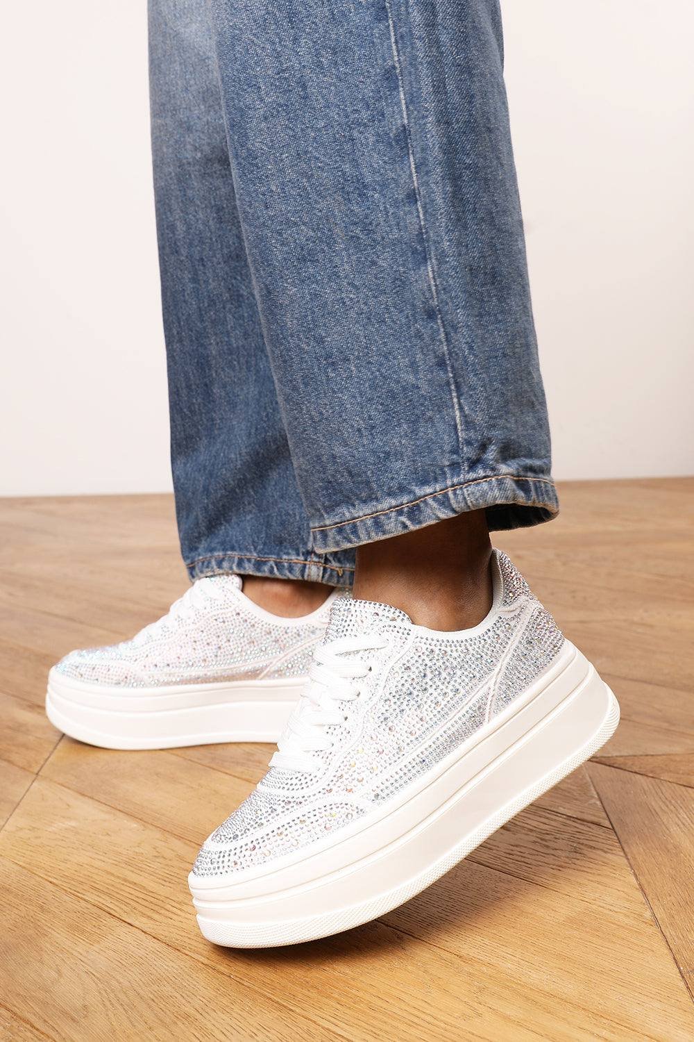 Wheres That From Where's That From Women's 'Darcia' Wedge Lace Up trainer with diamante Detail in White - 2