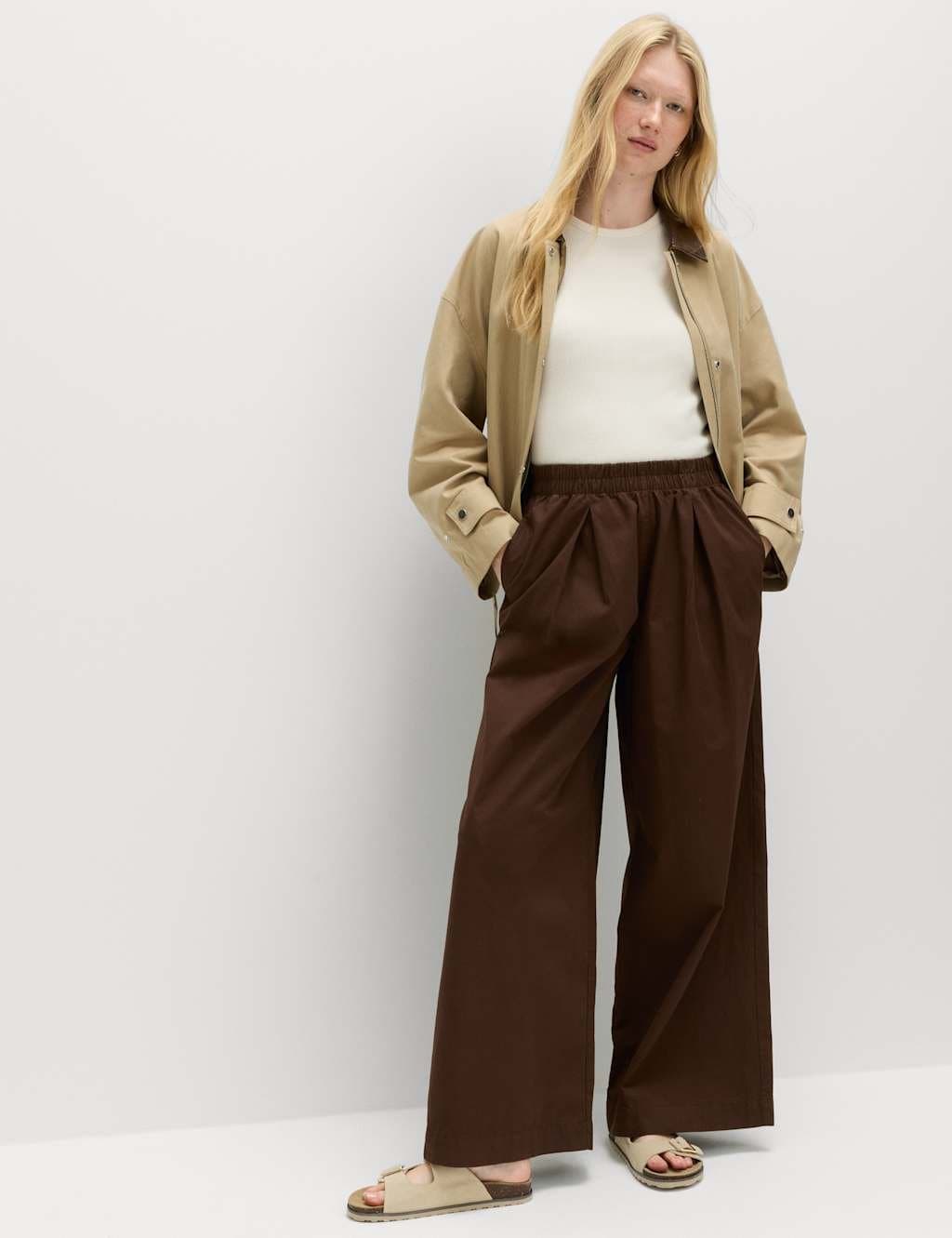 Marks & Spencer M&S Pure Cotton Poplin Pull On Super Wide Leg Trousers Bitter Chocolate