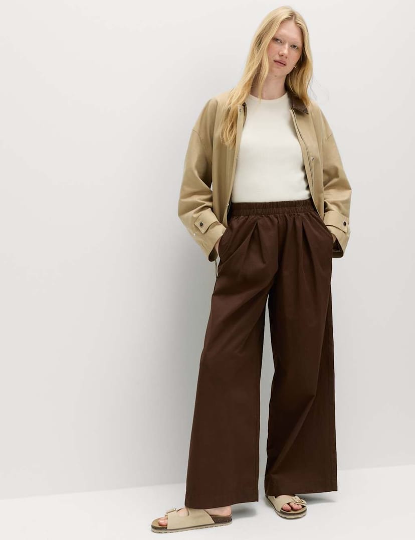 Marks & Spencer M&S Pure Cotton Poplin Pull On Super Wide Leg Trousers Bitter Chocolate - 1