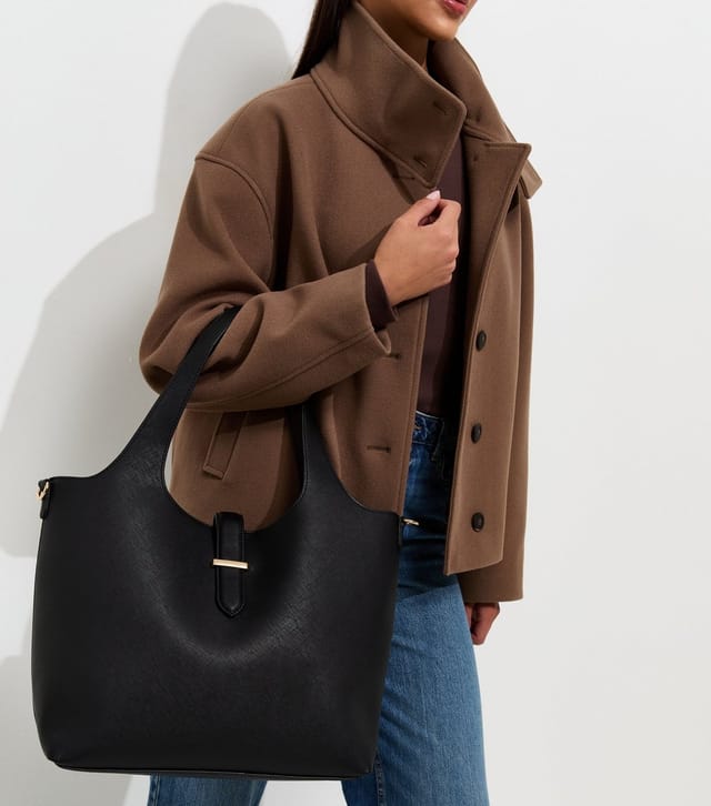 New Look Black Faux Leather Slip Front Tote Bag Vegan New Look - 2
