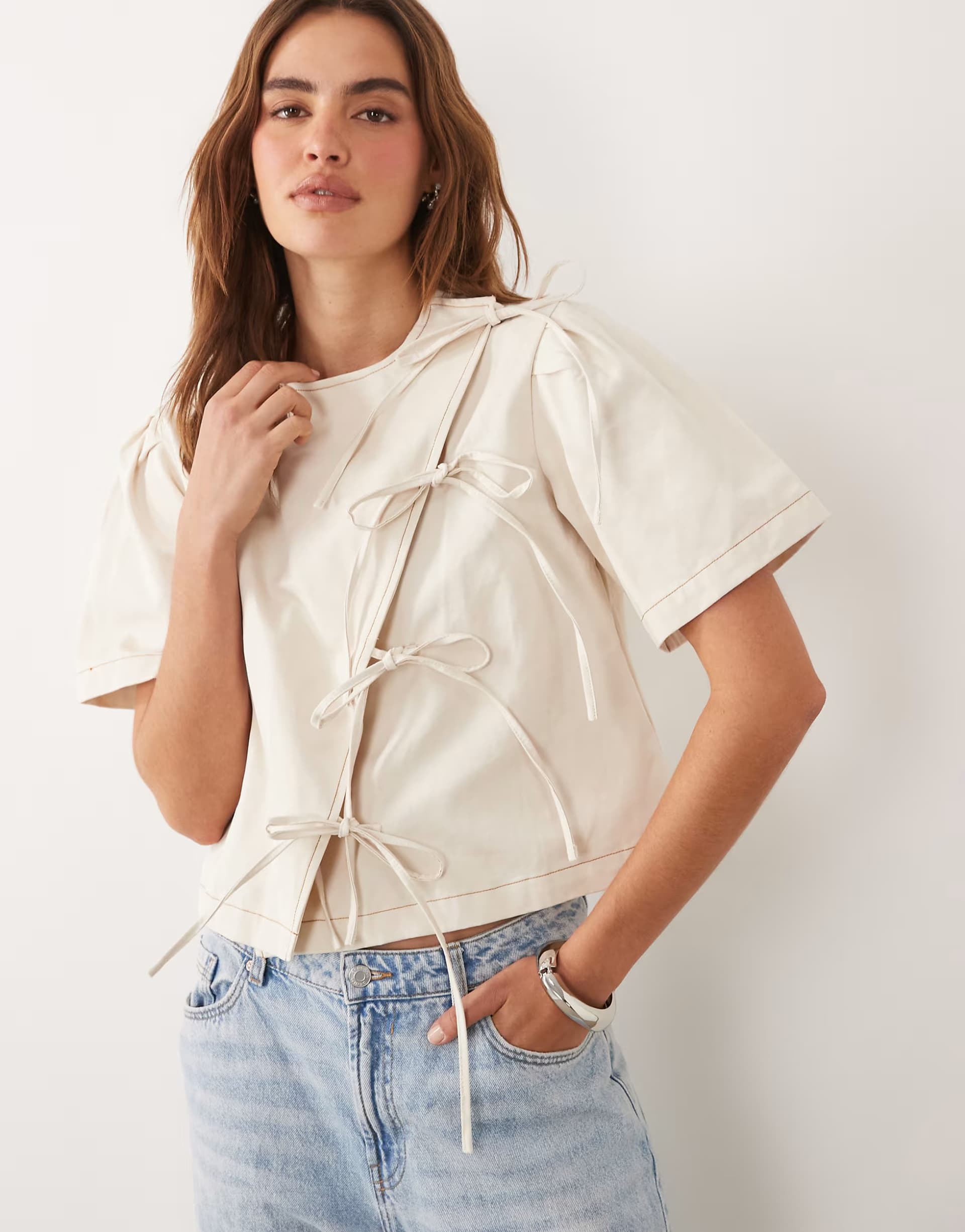 ASOS Ghospell cotton asymmetric bow detail boxy short sleeve boxy top in beige
