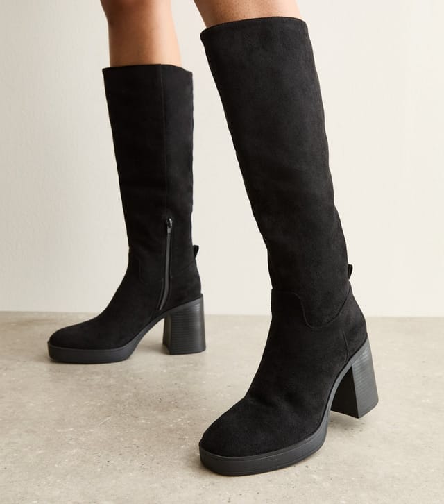 New Look Women's Black Faux Suede Platform Knee High Boots Vegan New Look - 2