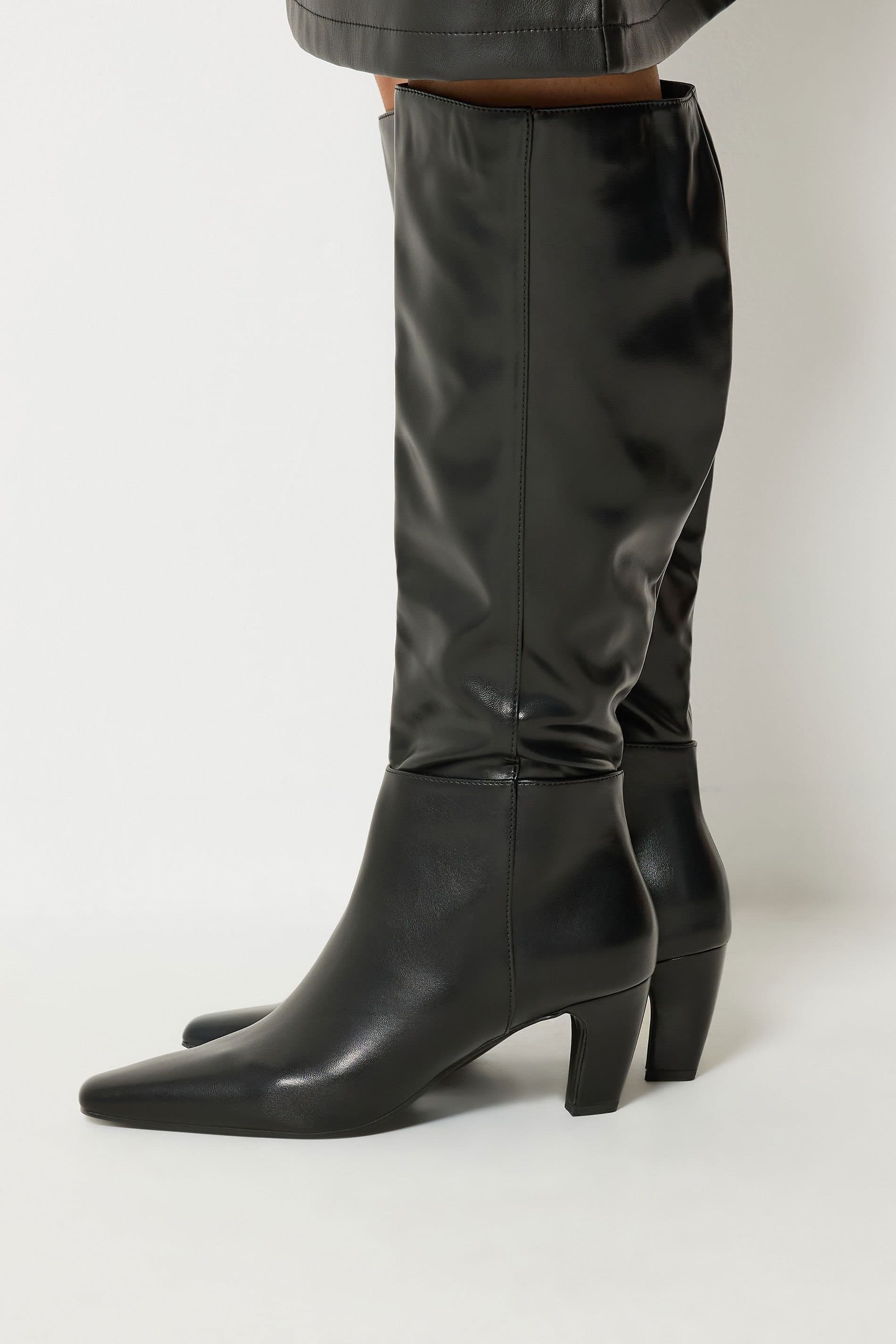 Long Tall Sally Long Tall Sally Women's Faux Leather Kitten Heel Knee High Boots In Standard Fit in Black