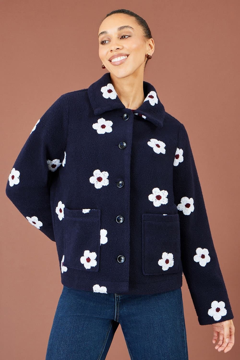 Yumi Yumi Women's Embroiderd Daisy Fleece Jacket in Navy