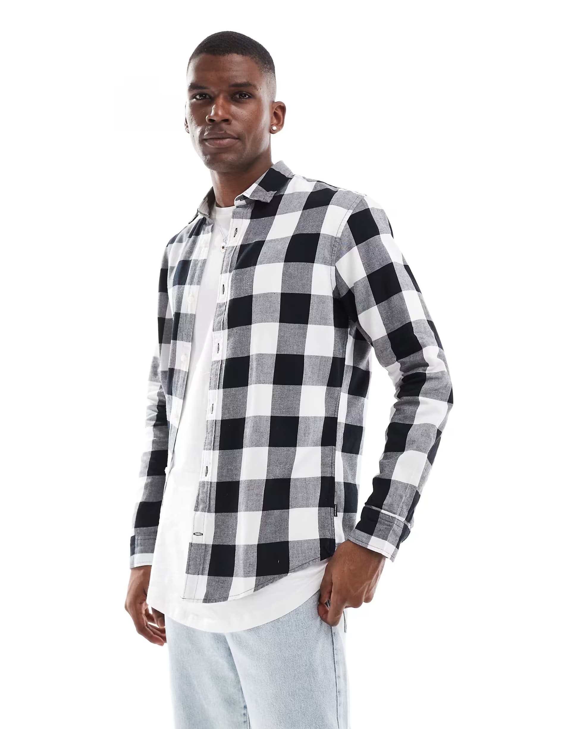 ASOS Jack & Jones Essentials flannel buffalo check shirt in black & white