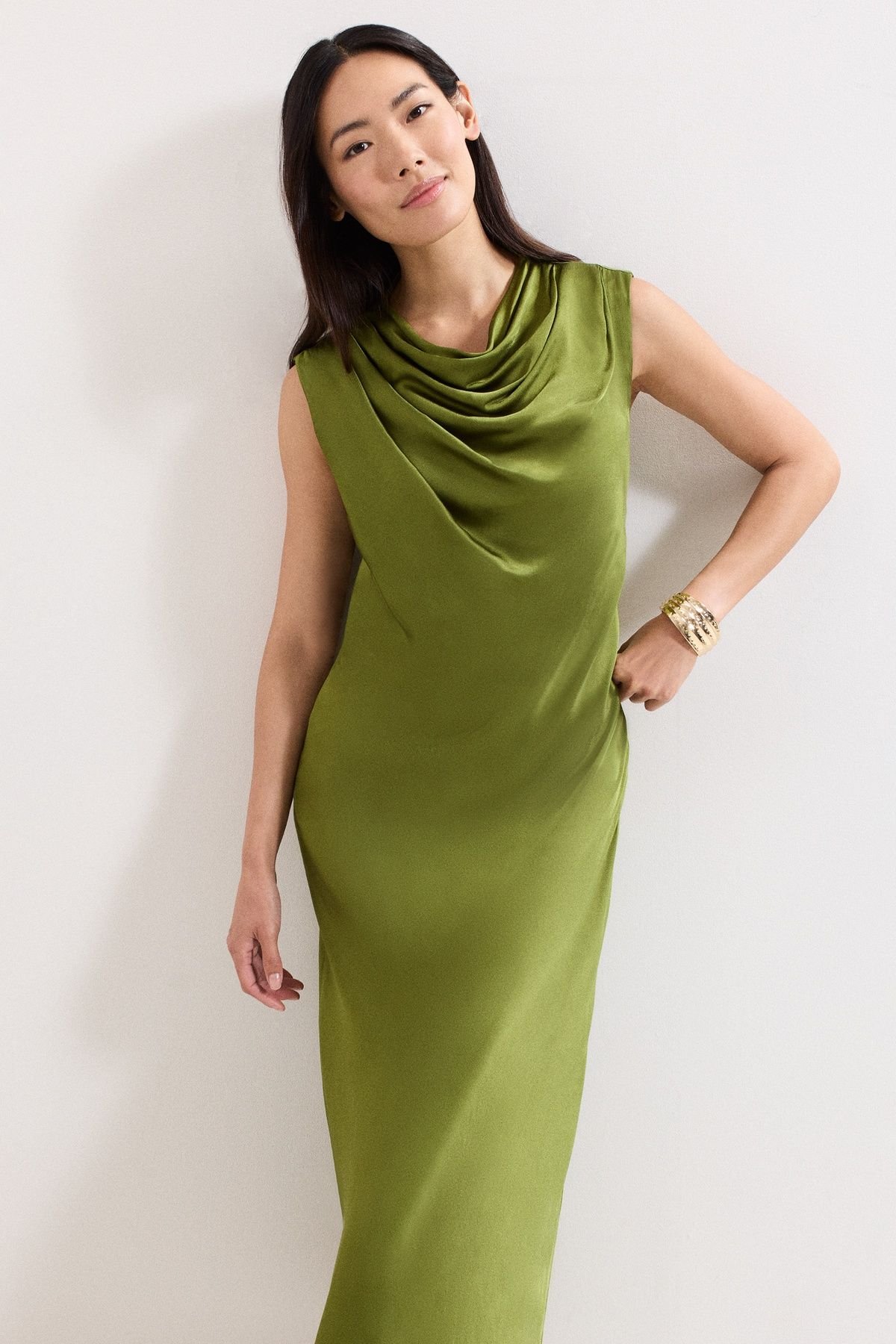 Phase Eight Phase Eight Women's Hallie Green Satin Cowl Neck Midi Dress in Olive - 3
