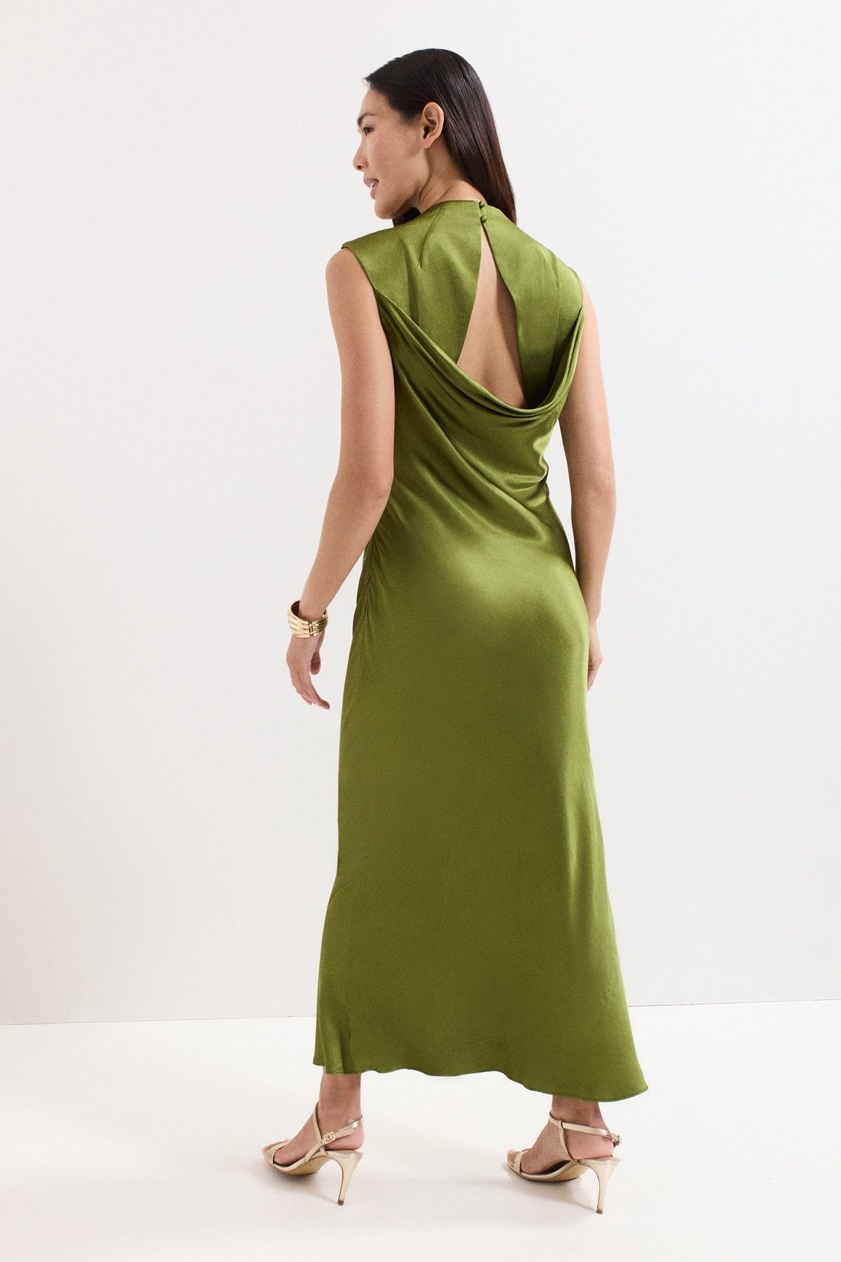 Phase Eight Phase Eight Women's Hallie Green Satin Cowl Neck Midi Dress in Olive - 4