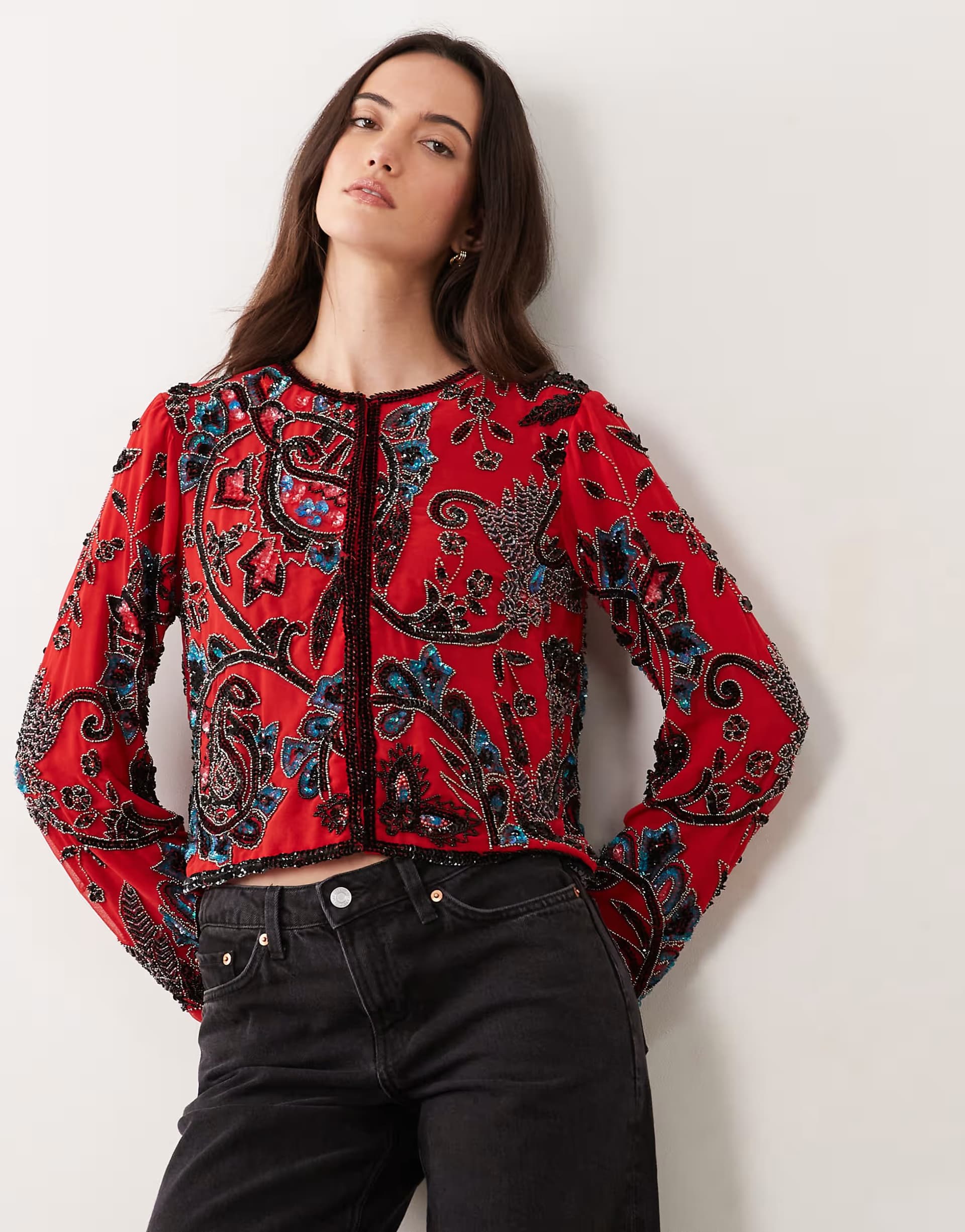 ASOS ASOS DESIGN paisley detail embellished trophy jacket in red