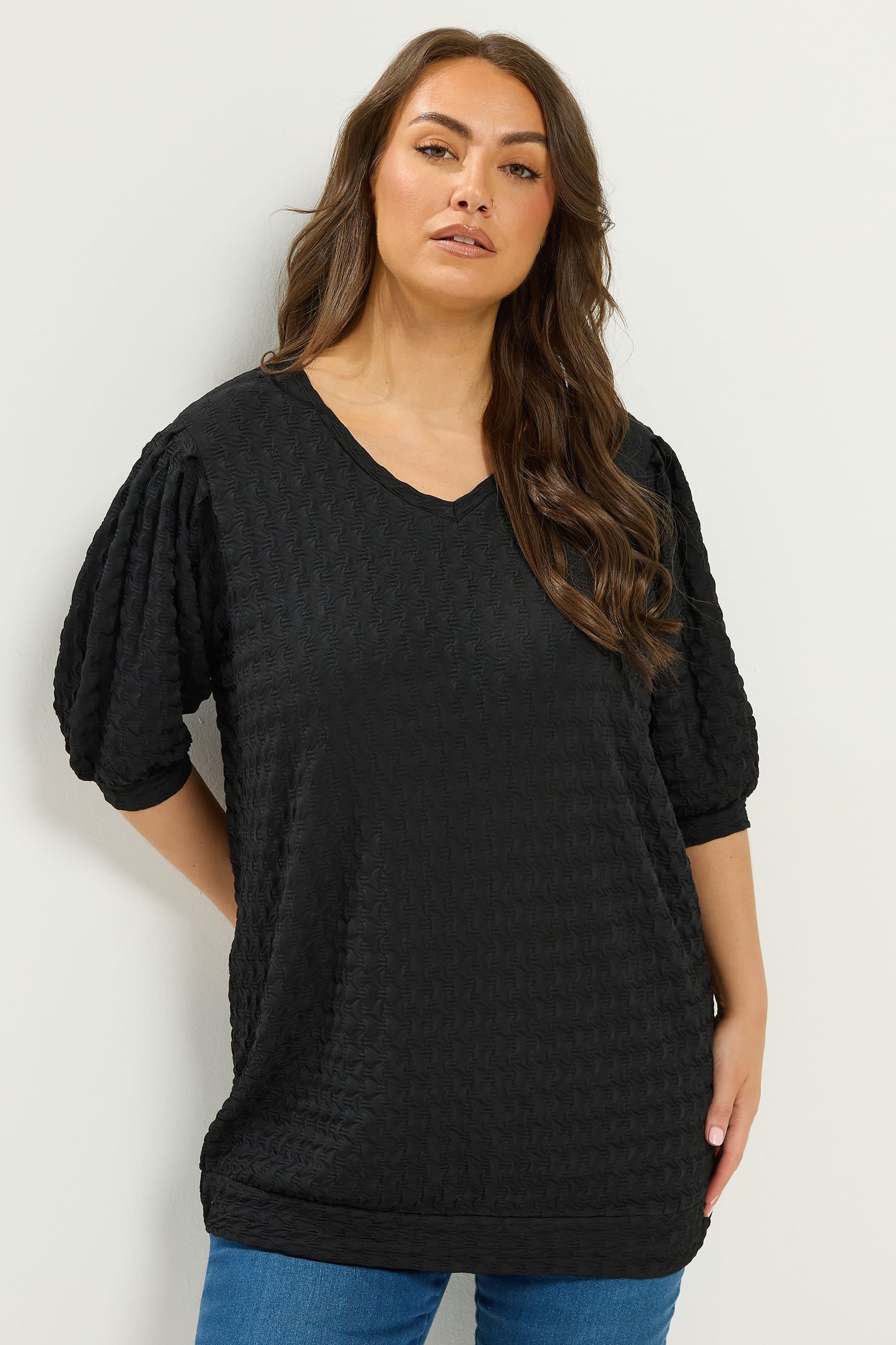 Yours Plus Size Black Textured Balloon Sleeve Top