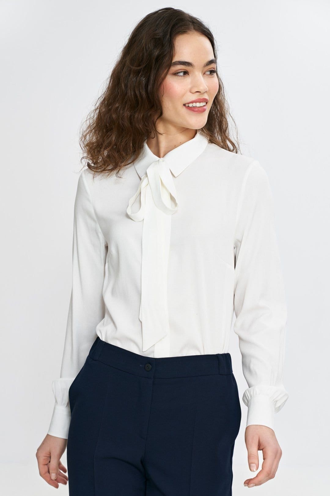 Love Lace Love Lace Women's Elegant Viscose Button Shirt with Scarf Collar in White - 4