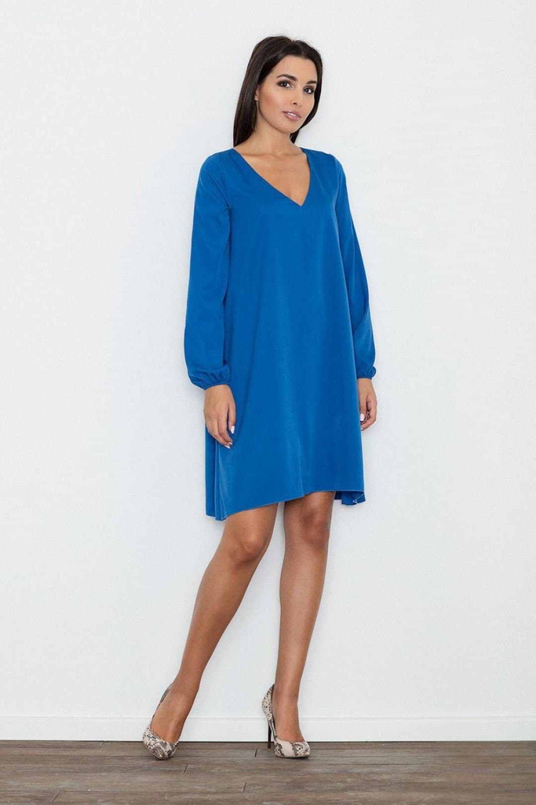 Love Lace Love Lace Women's Loose Fit Pointed Neck Dress That Flatters in Blue