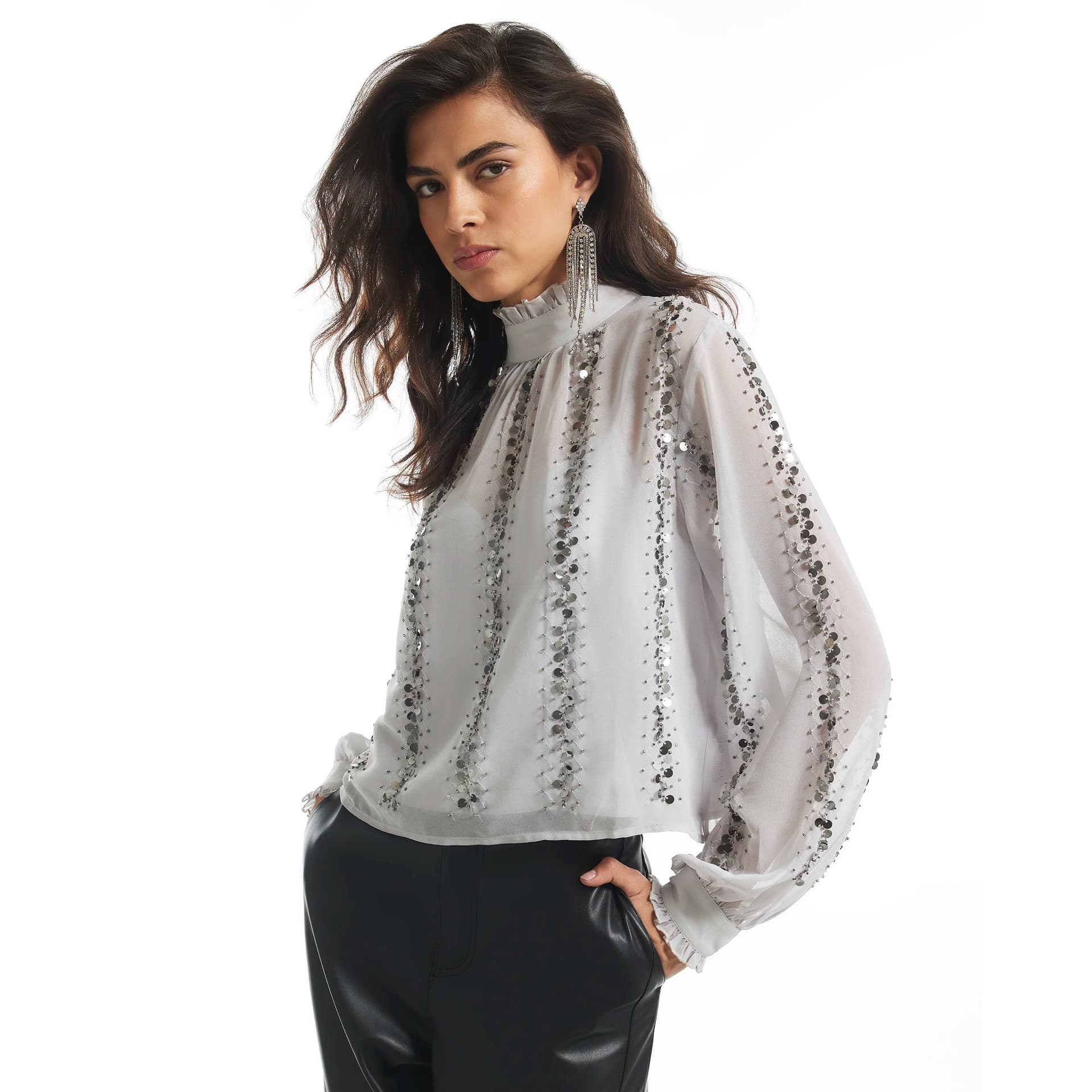 River Island River Island Womens Silver Embellished Sequin Tie Back Top