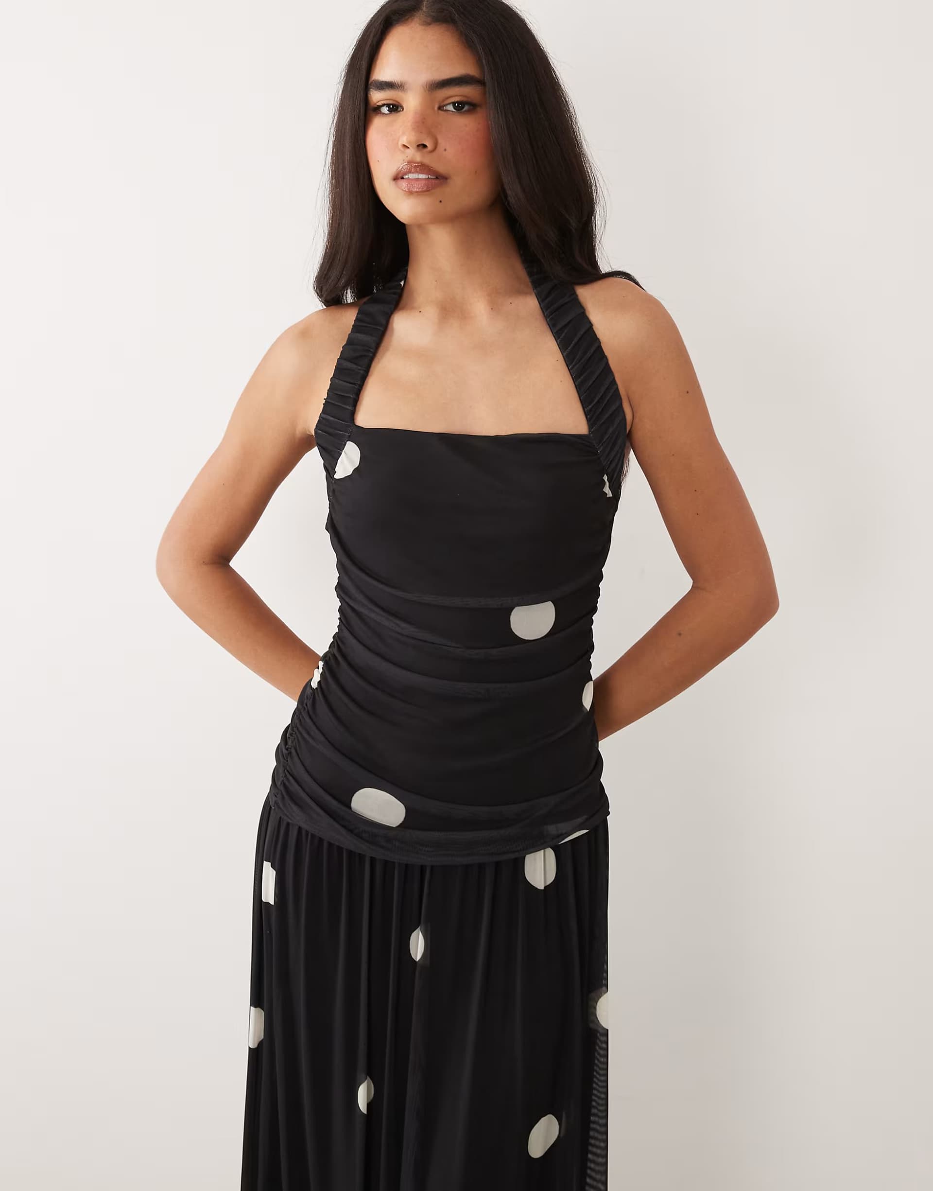 ASOS ASOS DESIGN soft touch maxi full circle skirt maxi with ruched halter neck in polka