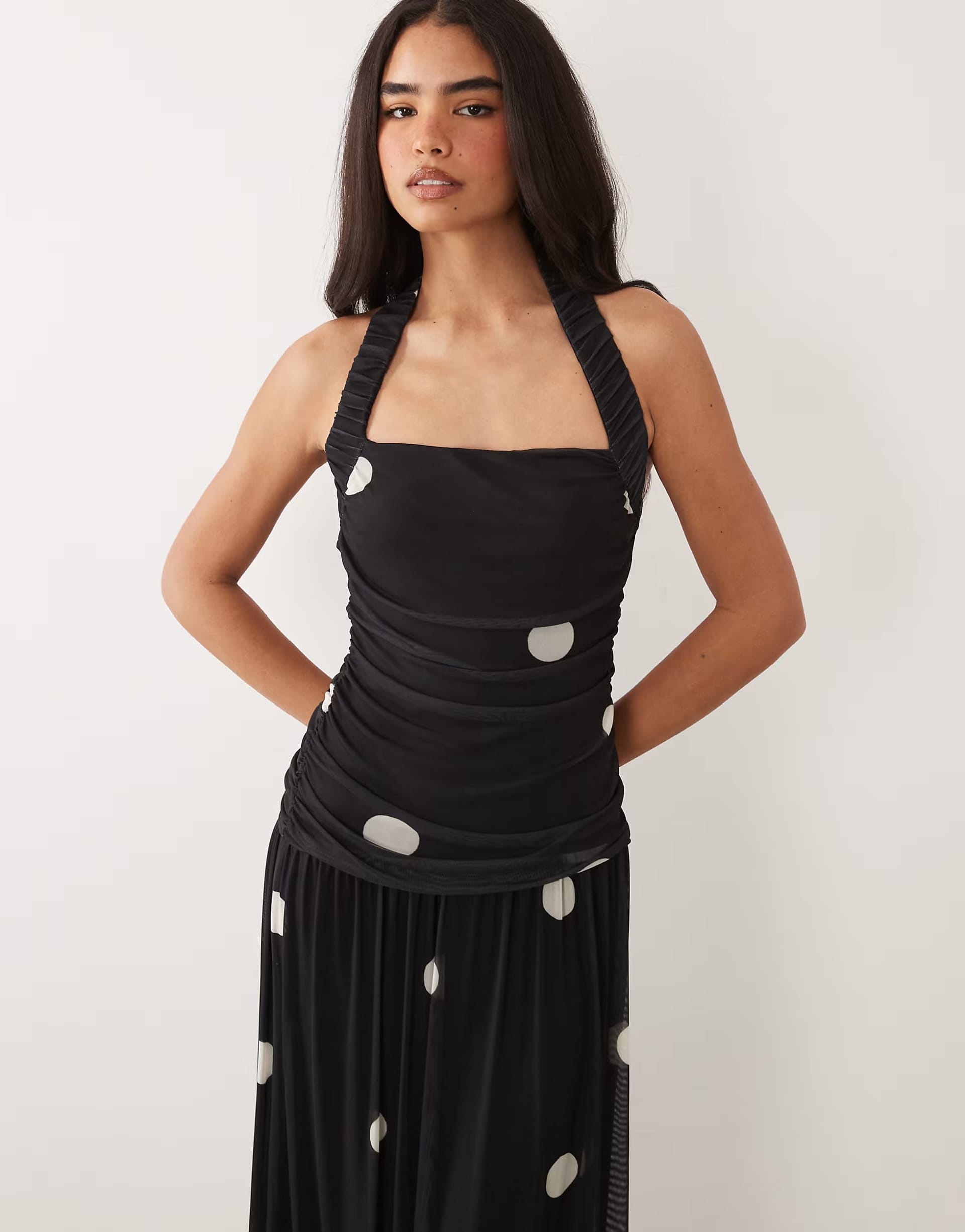 ASOS Polka Dot Ruche Halter Neck Maxi Skirt