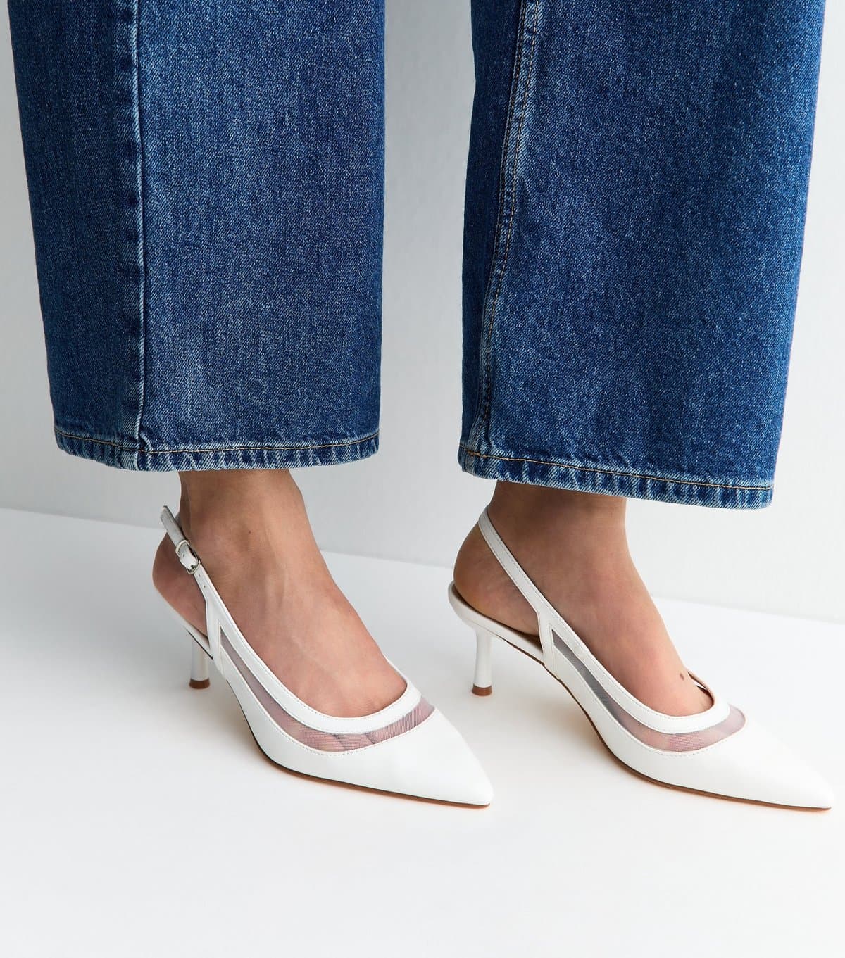 New Look Women's White Mesh Panel Slingback Court Shoes Vegan New Look