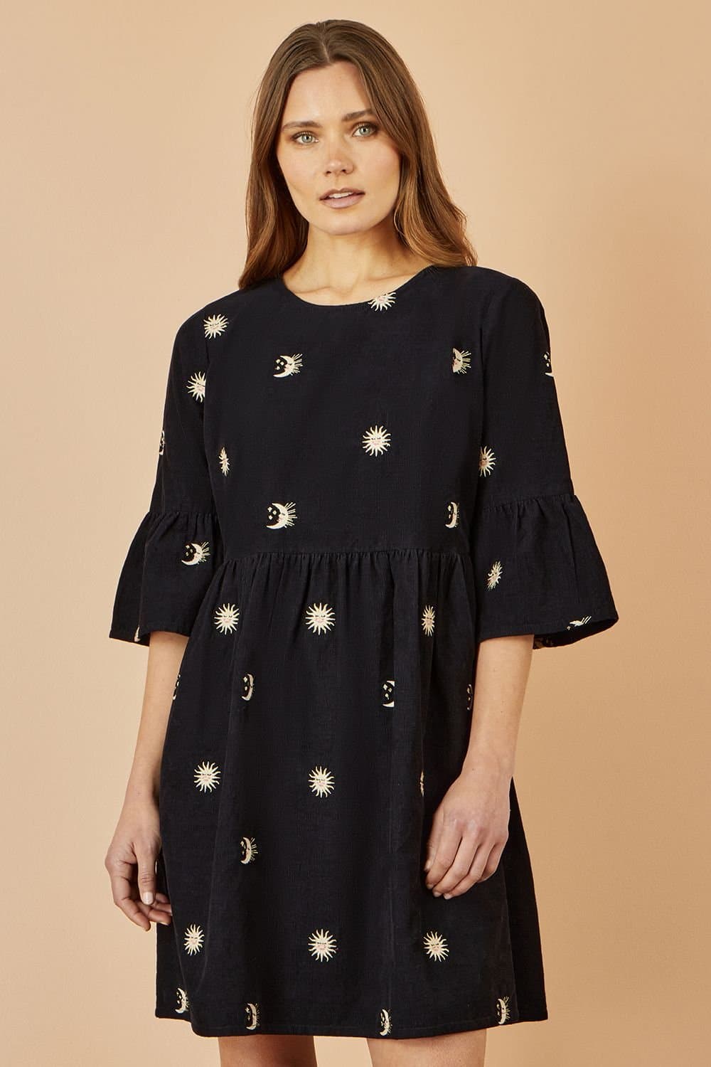 Yumi Yumi Women's Black Cosmic Embroidery Cord Tunic Dress