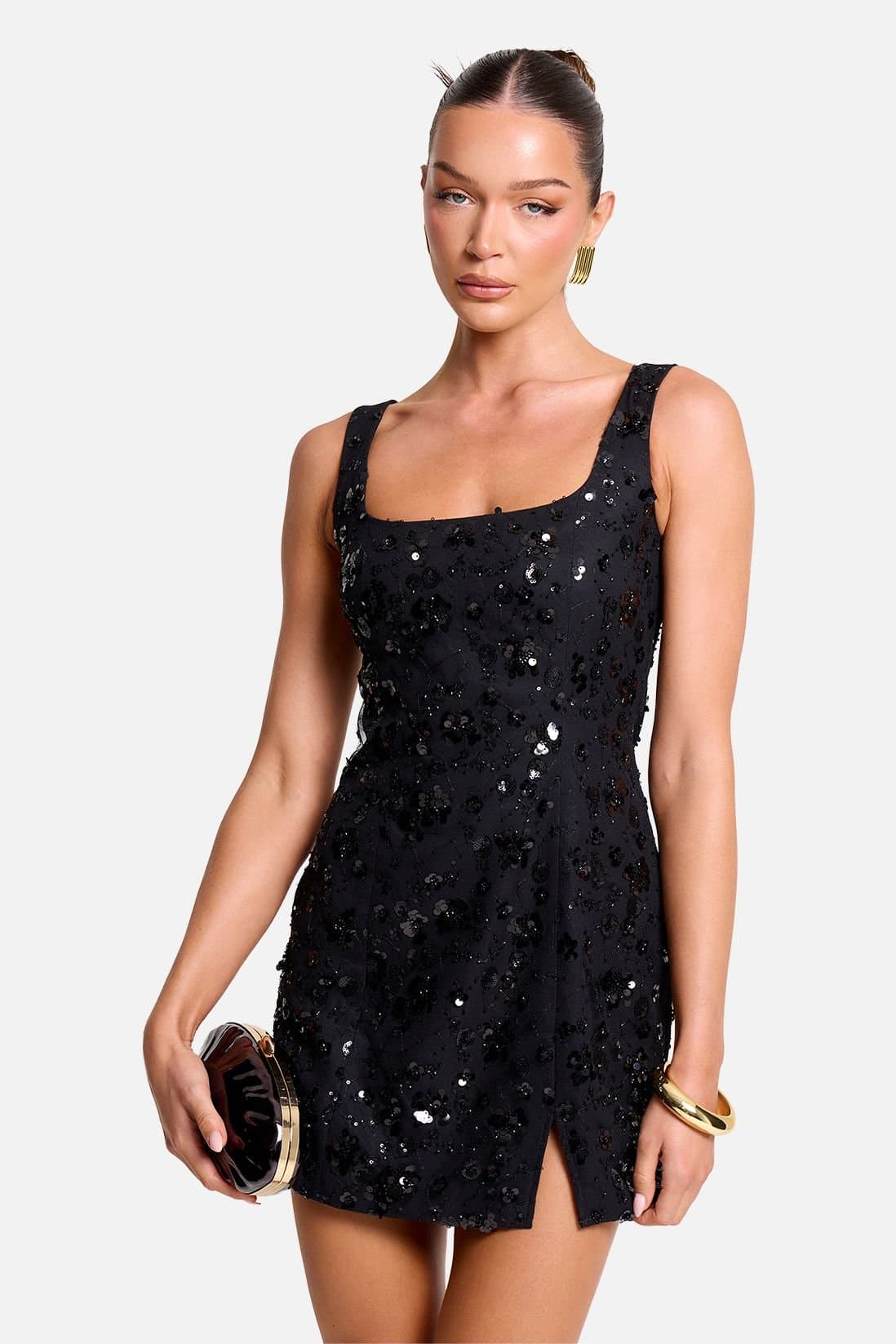 Public Desire Public Desire Women's Embelished Floral Sequin Square Neck Mini Dress Black