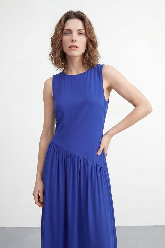 Warehouse Warehouse Women's Petite Plain Dropped Waist Chiffon Tiered Maxi Dress in Cobalt - 2