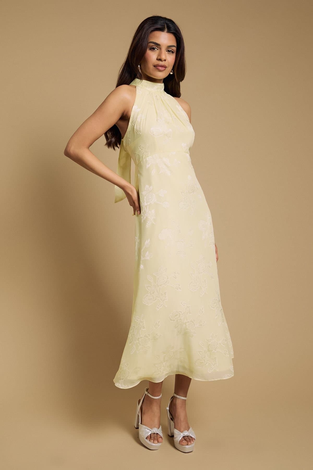 Oasis Oasis Women's Petite Plain Satin Burnout Halterneck Midi Dress in Butter