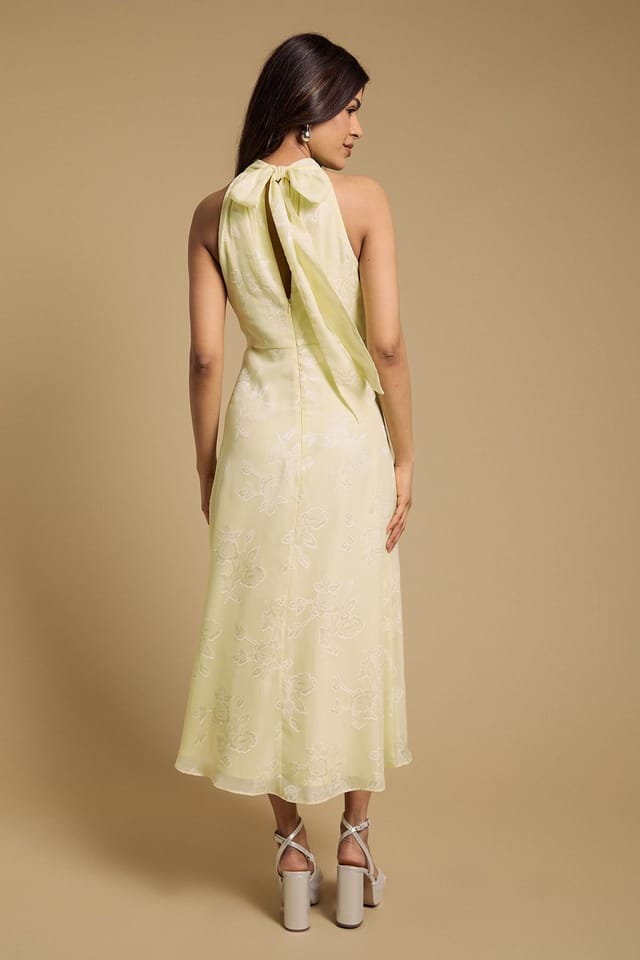 Oasis Oasis Women's Petite Plain Satin Burnout Halterneck Midi Dress in Butter - 3