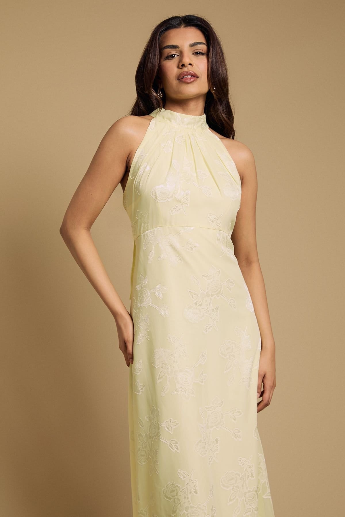 Oasis Oasis Women's Petite Plain Satin Burnout Halterneck Midi Dress in Butter - 4