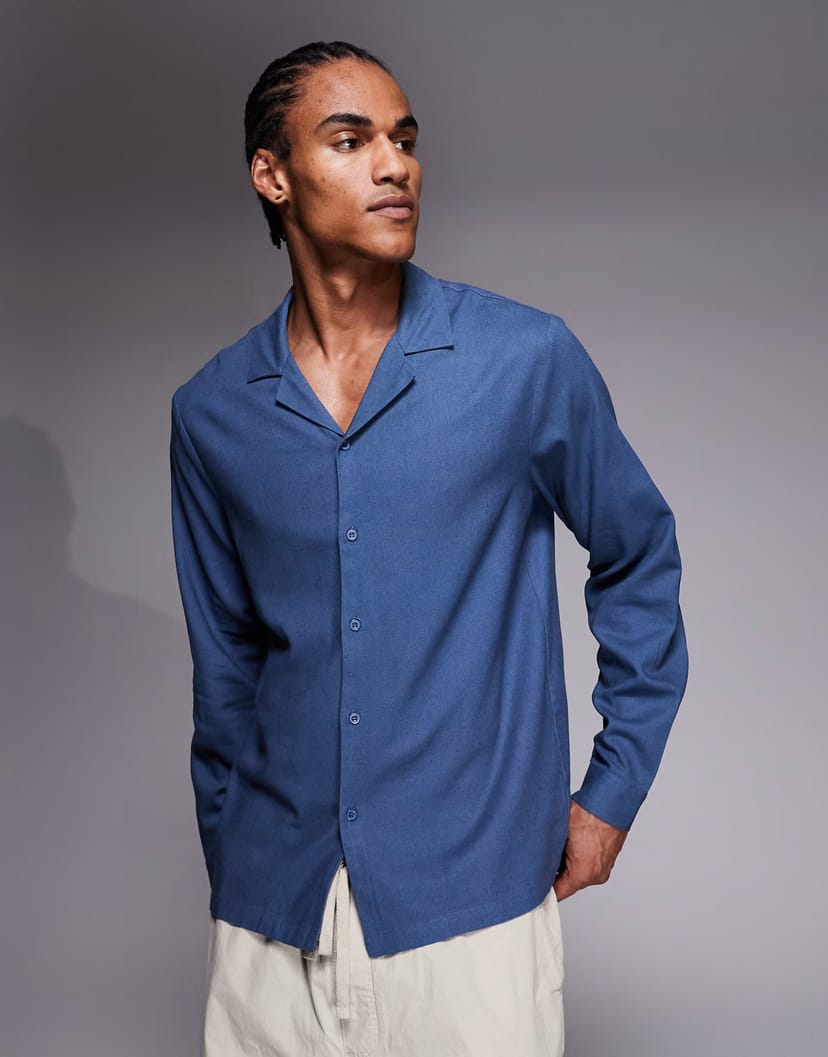 ASOS South Beach long sleeve linen shirt in denim blue - 1