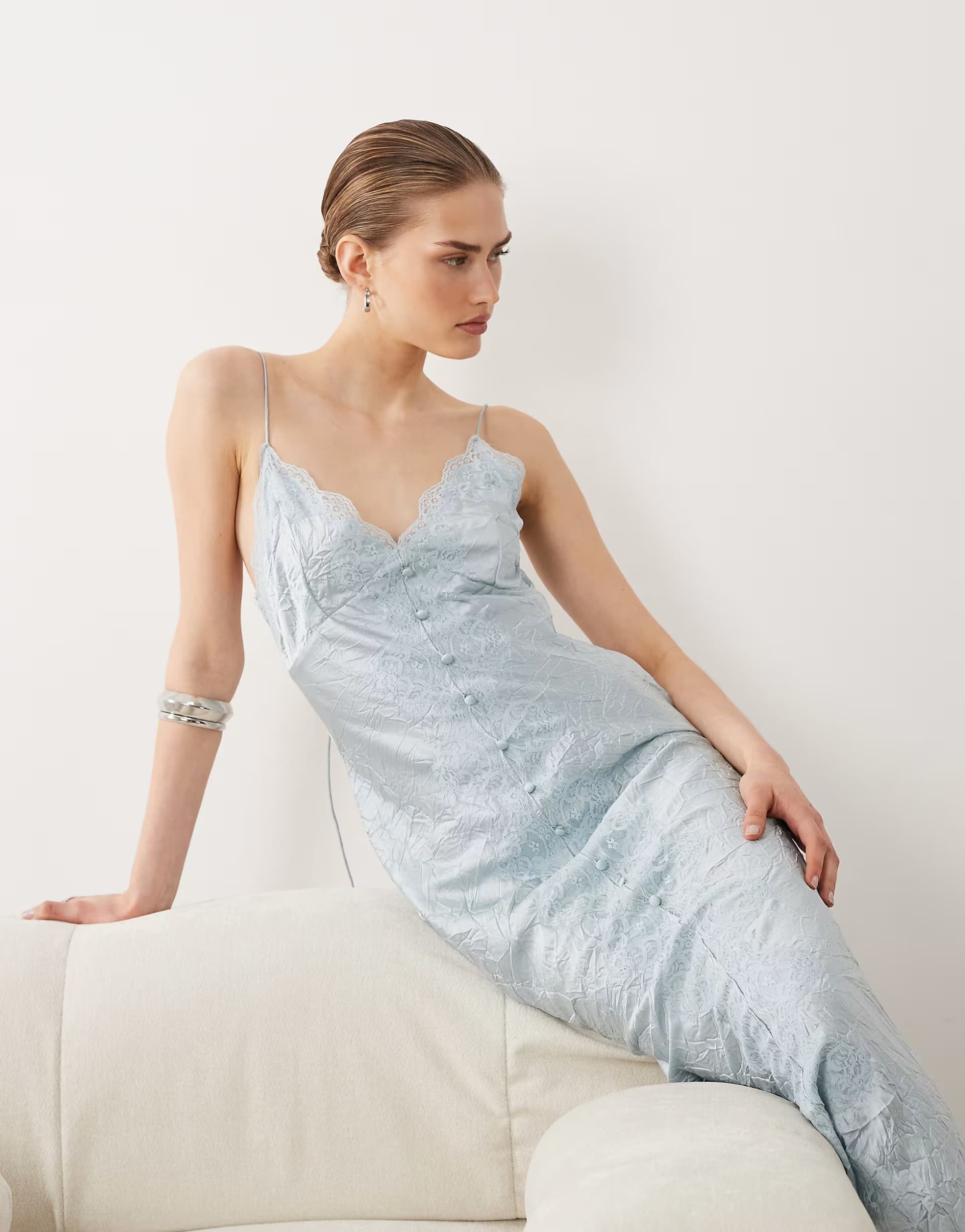 ASOS ASOS DESIGN lace detail button down front slip maxi dress in light blue
