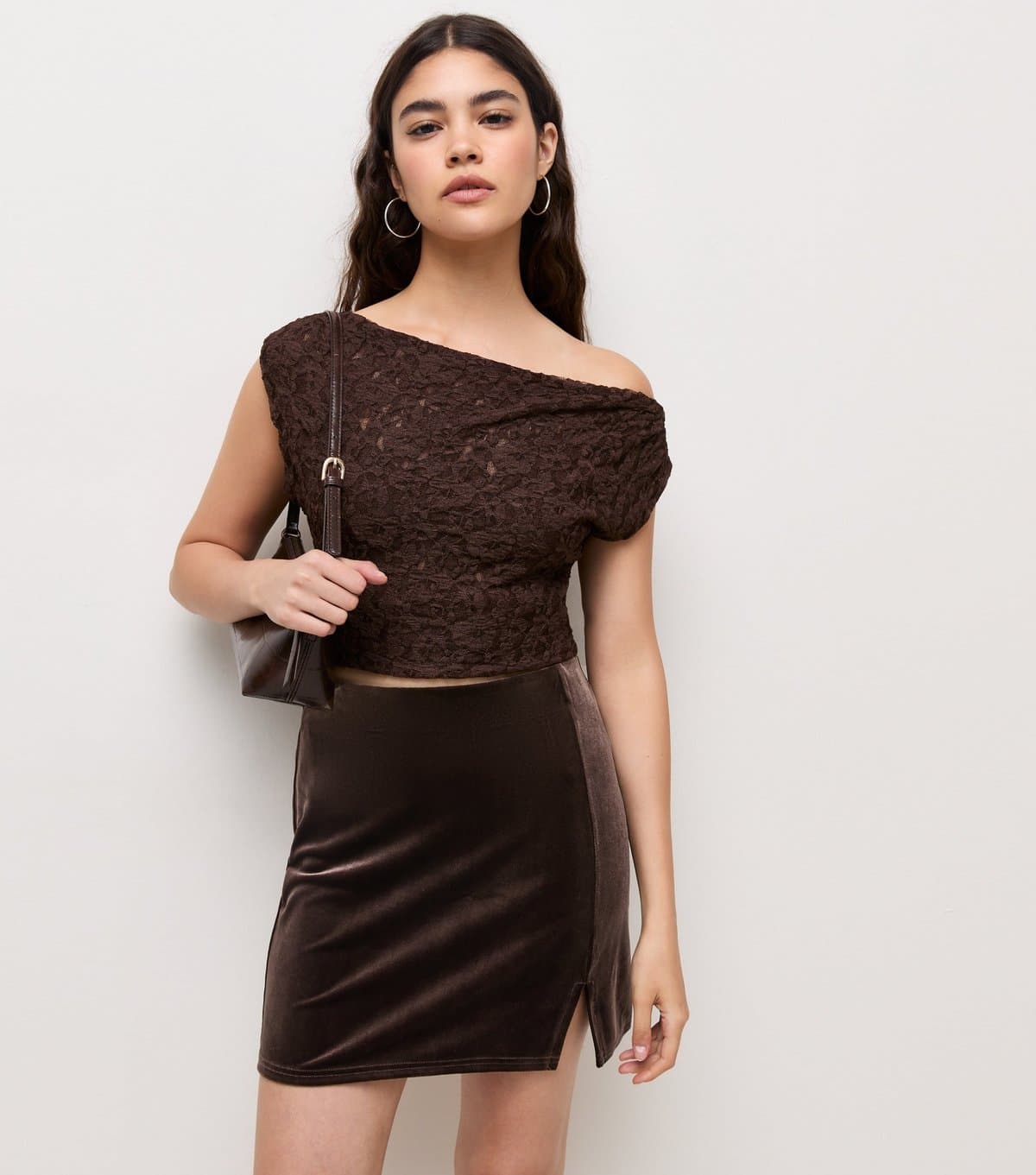 New Look Women's Dark Brown Velvet Jersey Notched Hem Mini Skirt New Look