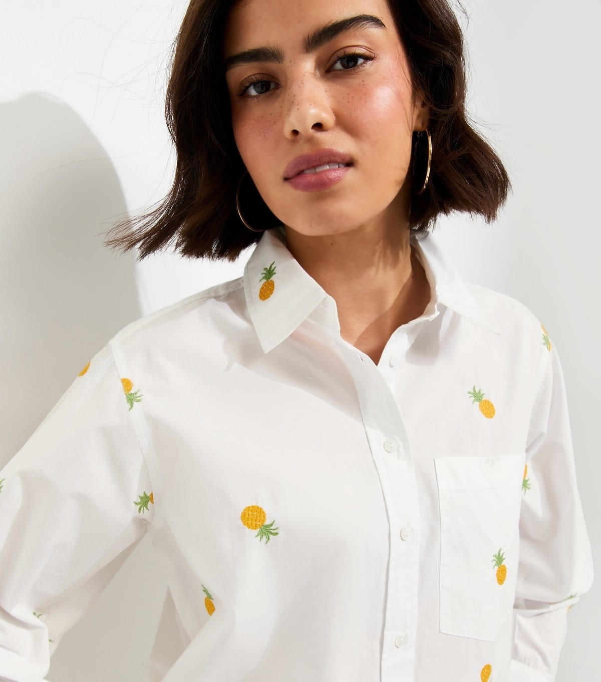 Women's White Pineapple Embroidered Poplin Shirt New Look