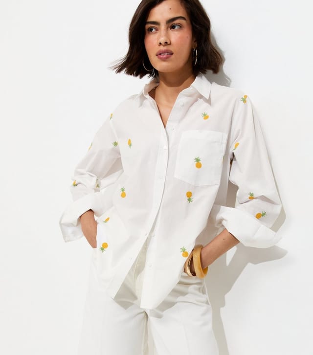 New Look Women's White Pineapple Embroidered Poplin Shirt New Look - 2