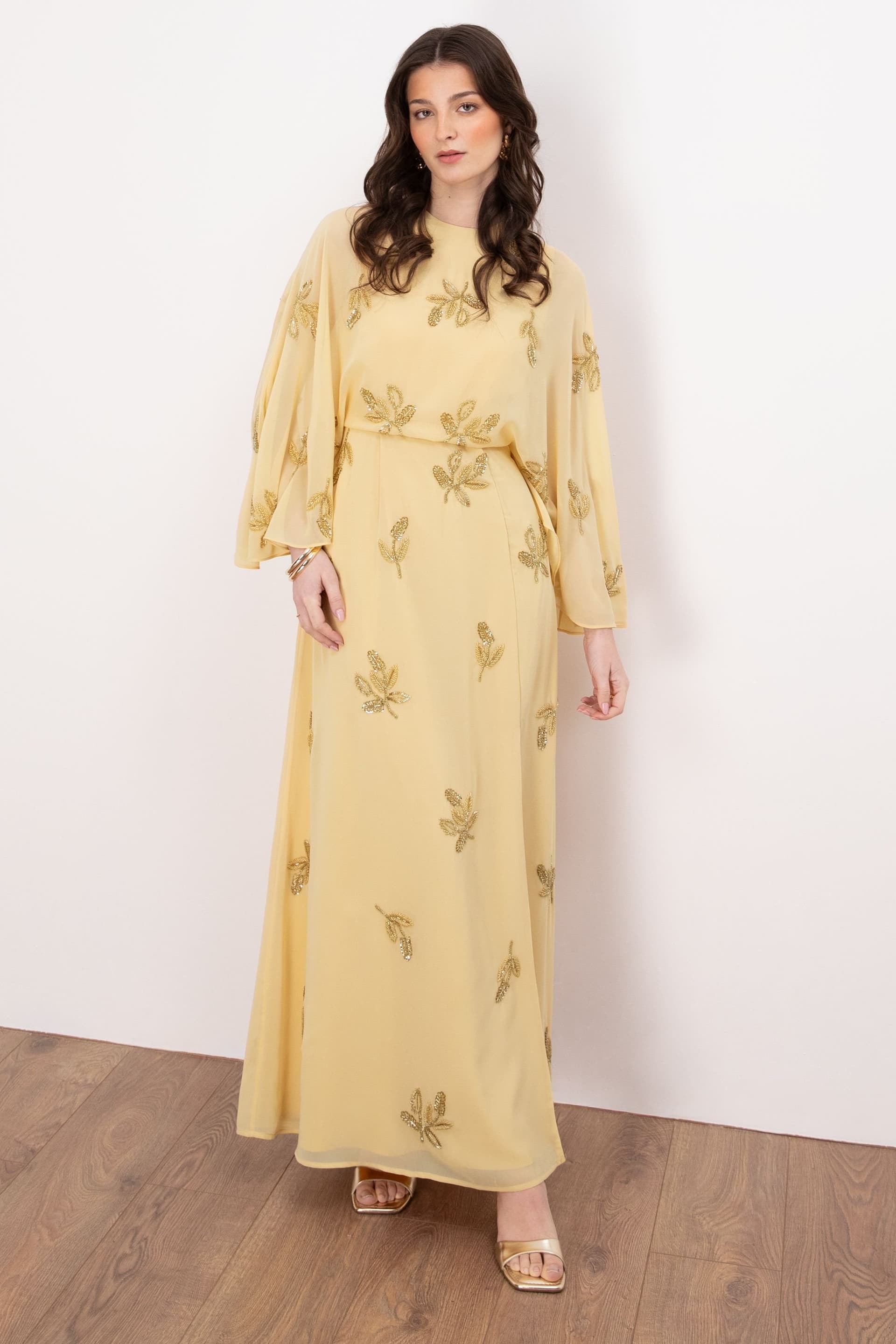 Maya Deluxe Maya Deluxe Women's Floral Embellished Cape Sleeve Maxi Dress in Yellow