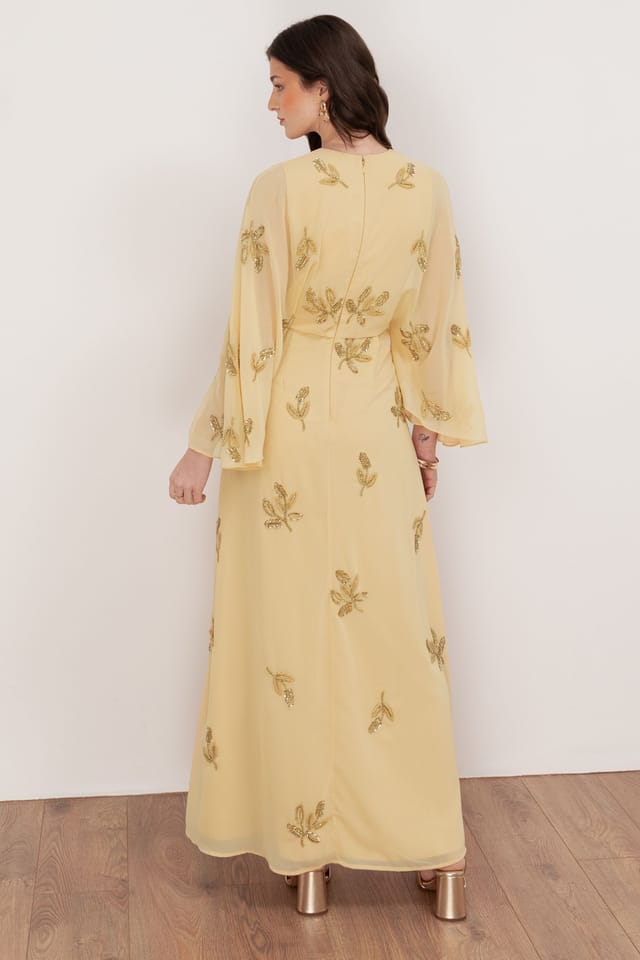 Maya Deluxe Maya Deluxe Women's Floral Embellished Cape Sleeve Maxi Dress in Yellow - 2