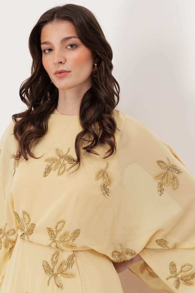 Maya Deluxe Maya Deluxe Women's Floral Embellished Cape Sleeve Maxi Dress in Yellow - 3