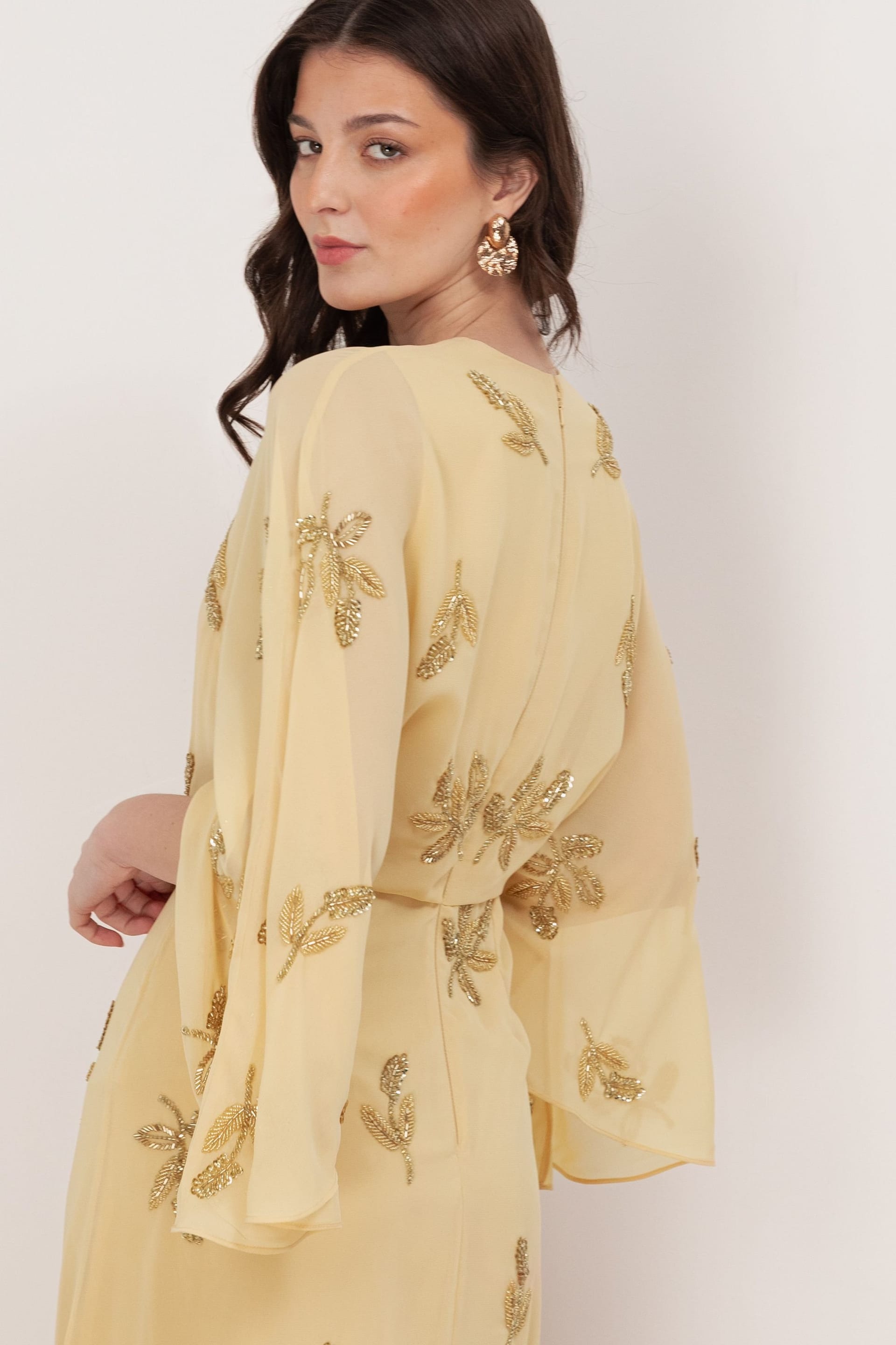 Maya Deluxe Maya Deluxe Women's Floral Embellished Cape Sleeve Maxi Dress in Yellow - 4