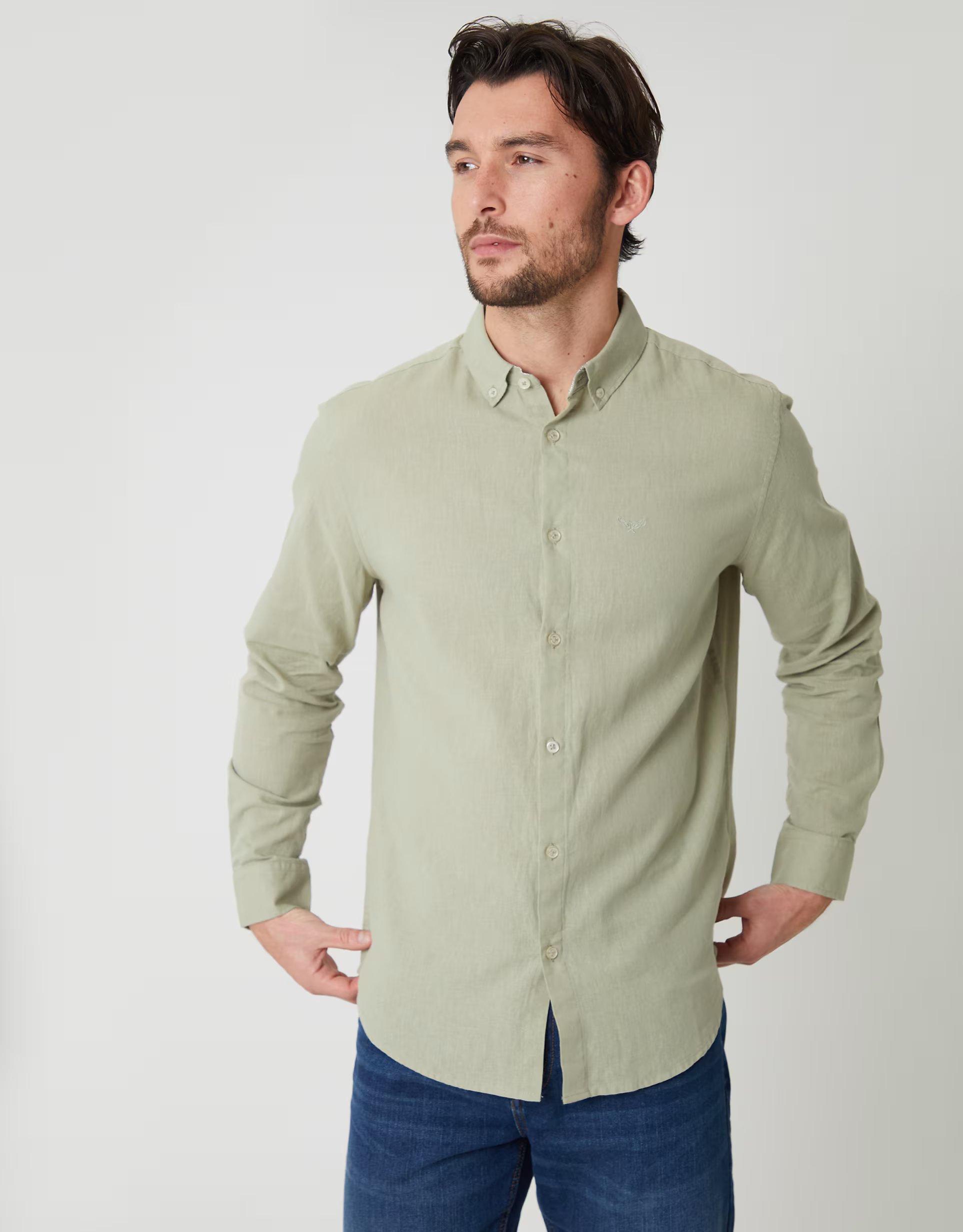 ASOS Threadbare long sleeve linen mix shirt in sage green - 1