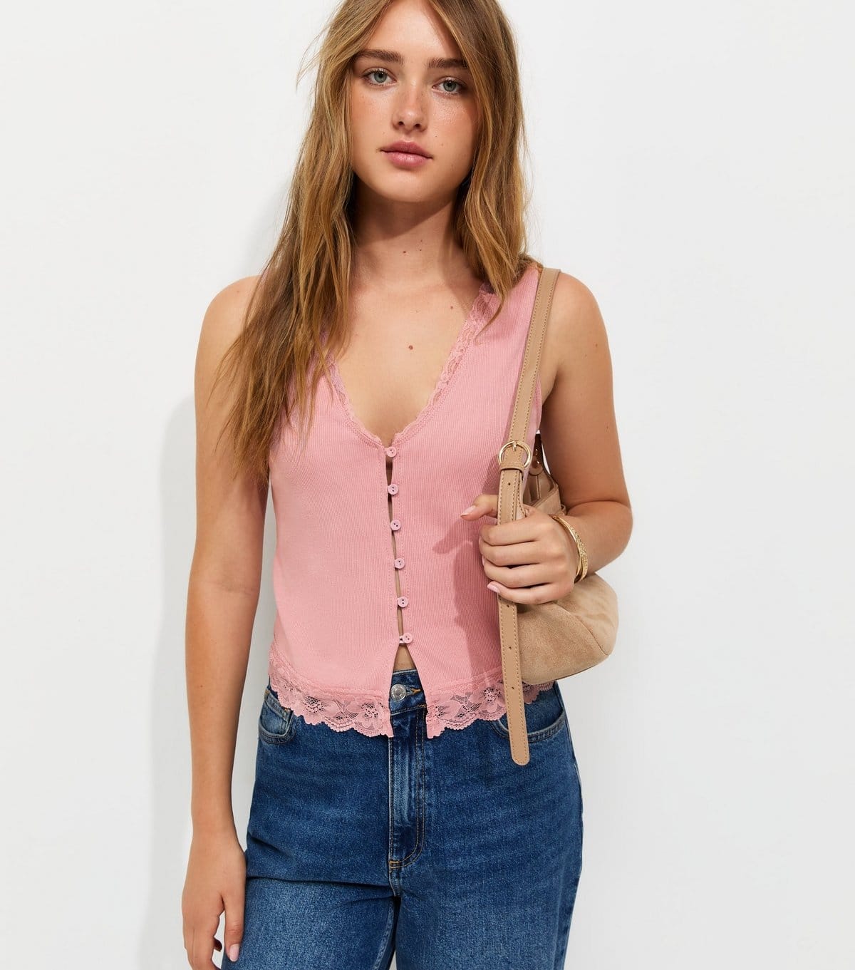 New Look Light Pink Lace Trim Button Up Rib Vest