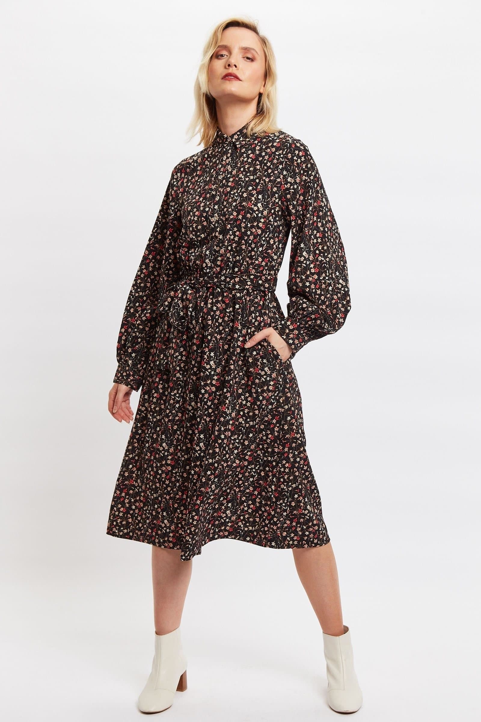Louche Louche Women's Leonie Wax Flower Long Sleeve Midi Shirtdress in Black