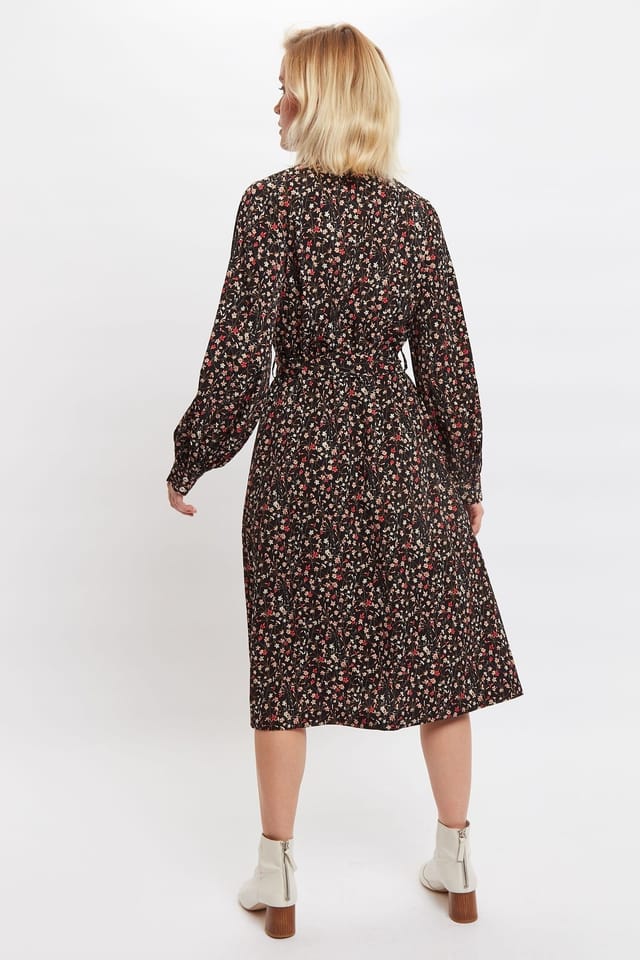 Louche Louche Women's Leonie Wax Flower Long Sleeve Midi Shirtdress in Black - 2