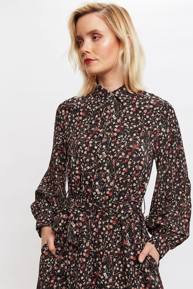 Louche Louche Women's Leonie Wax Flower Long Sleeve Midi Shirtdress in Black - 3