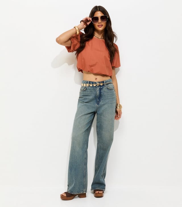 New Look Women's Rust Poplin Bubble Hem Crop Top New Look - 2