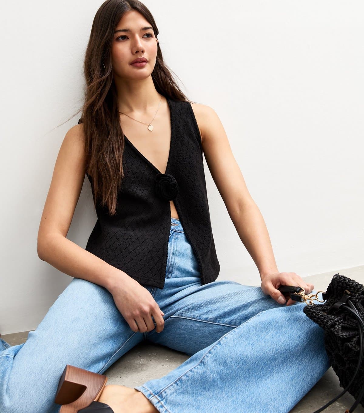 New Look New Look Black Knit Flower Trim Waistcoat