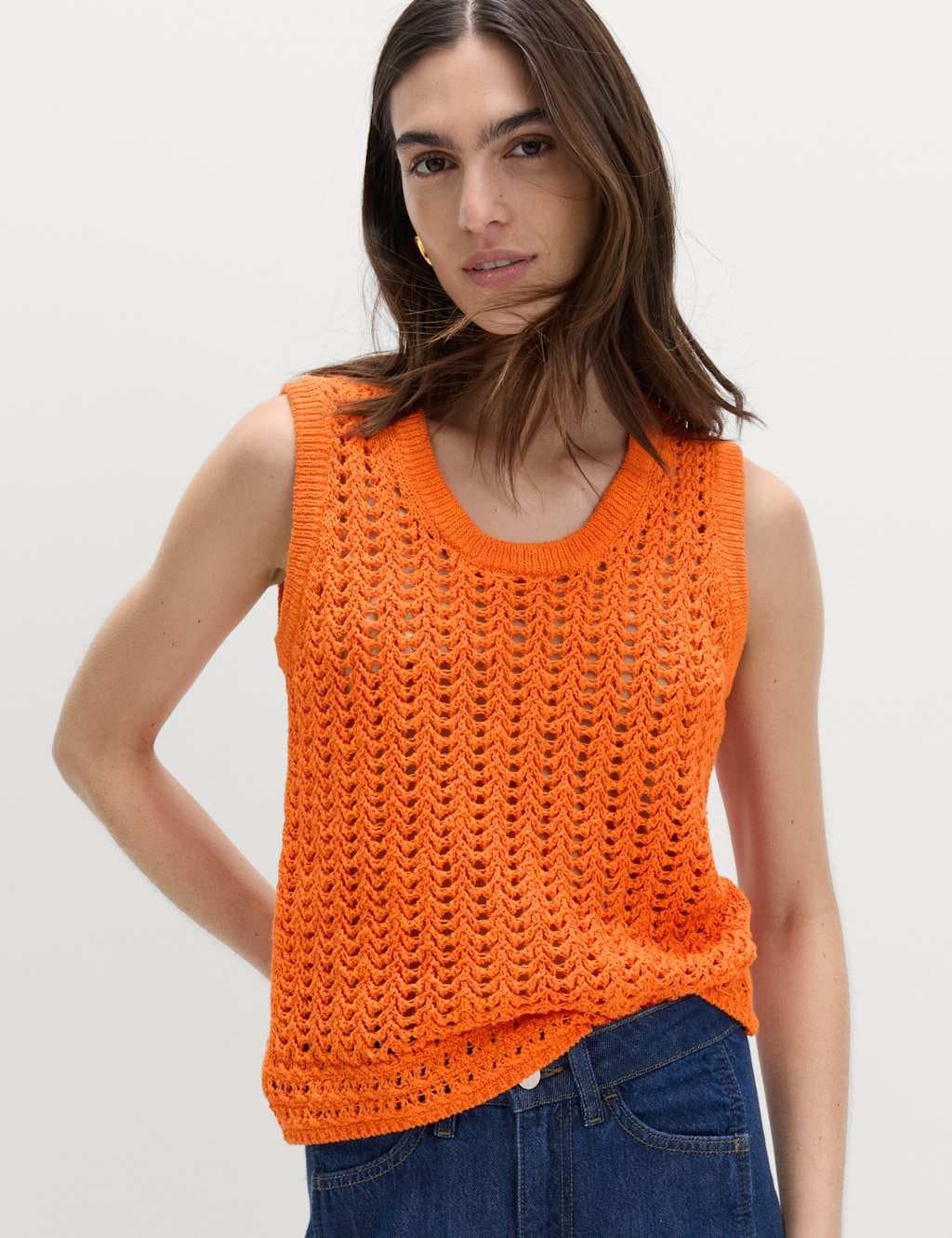 Marks & Spencer M&S Cotton Rich Crochet-Style Scoop Neck Knitted Vest Marmalade