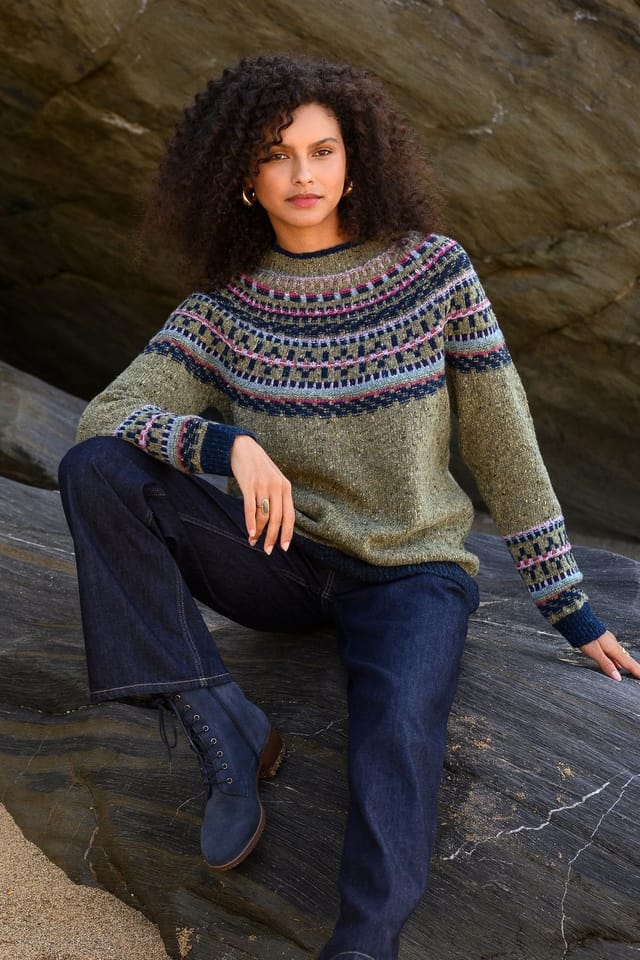 Celtic & Co Celtic & Co Women's Donegal Fair Isle Yoke Sweater in Olive - 3