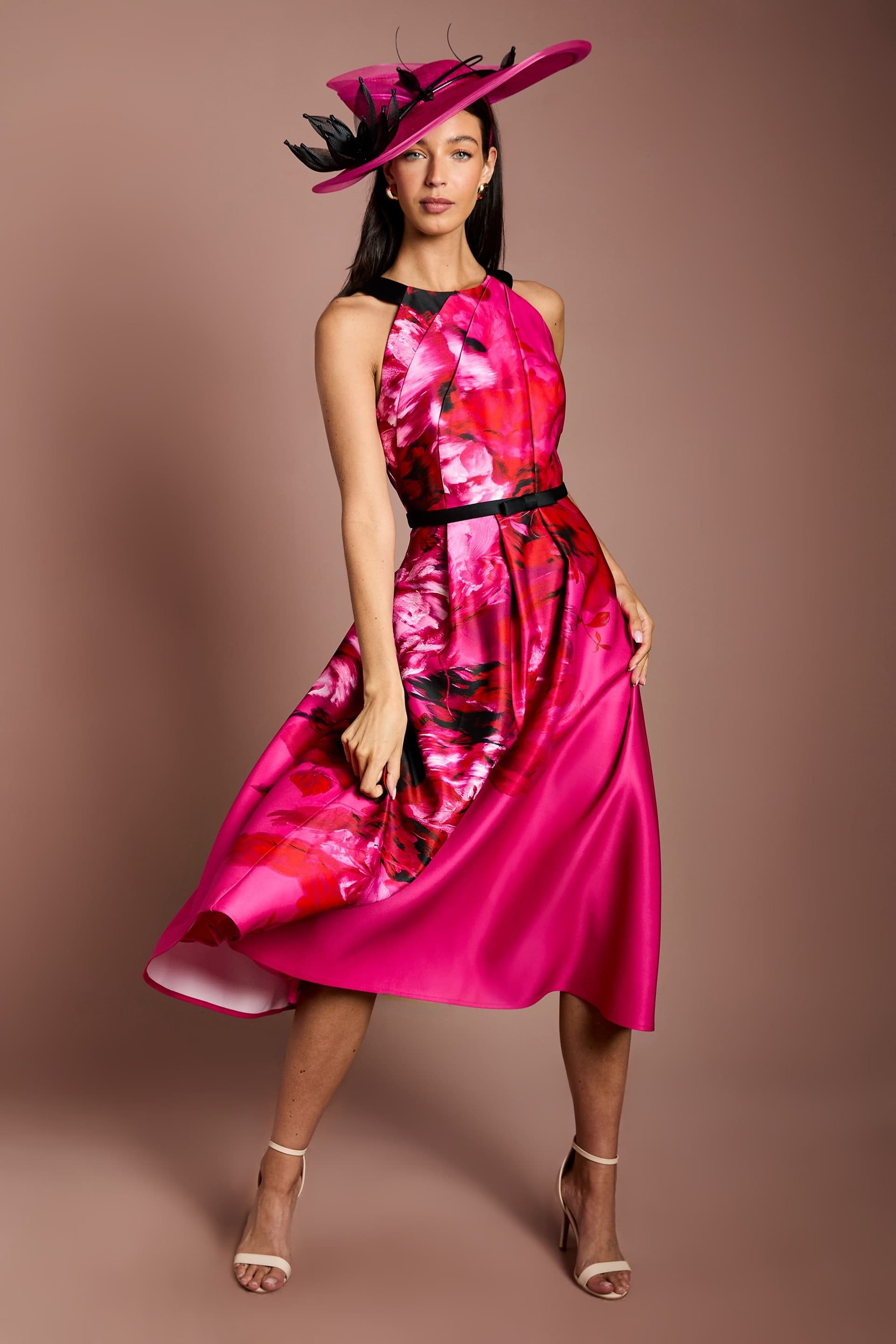 Coast Coast Women's Lisa Tan Halterneck Large Floral Full Skirted Midi Dress in Magenta